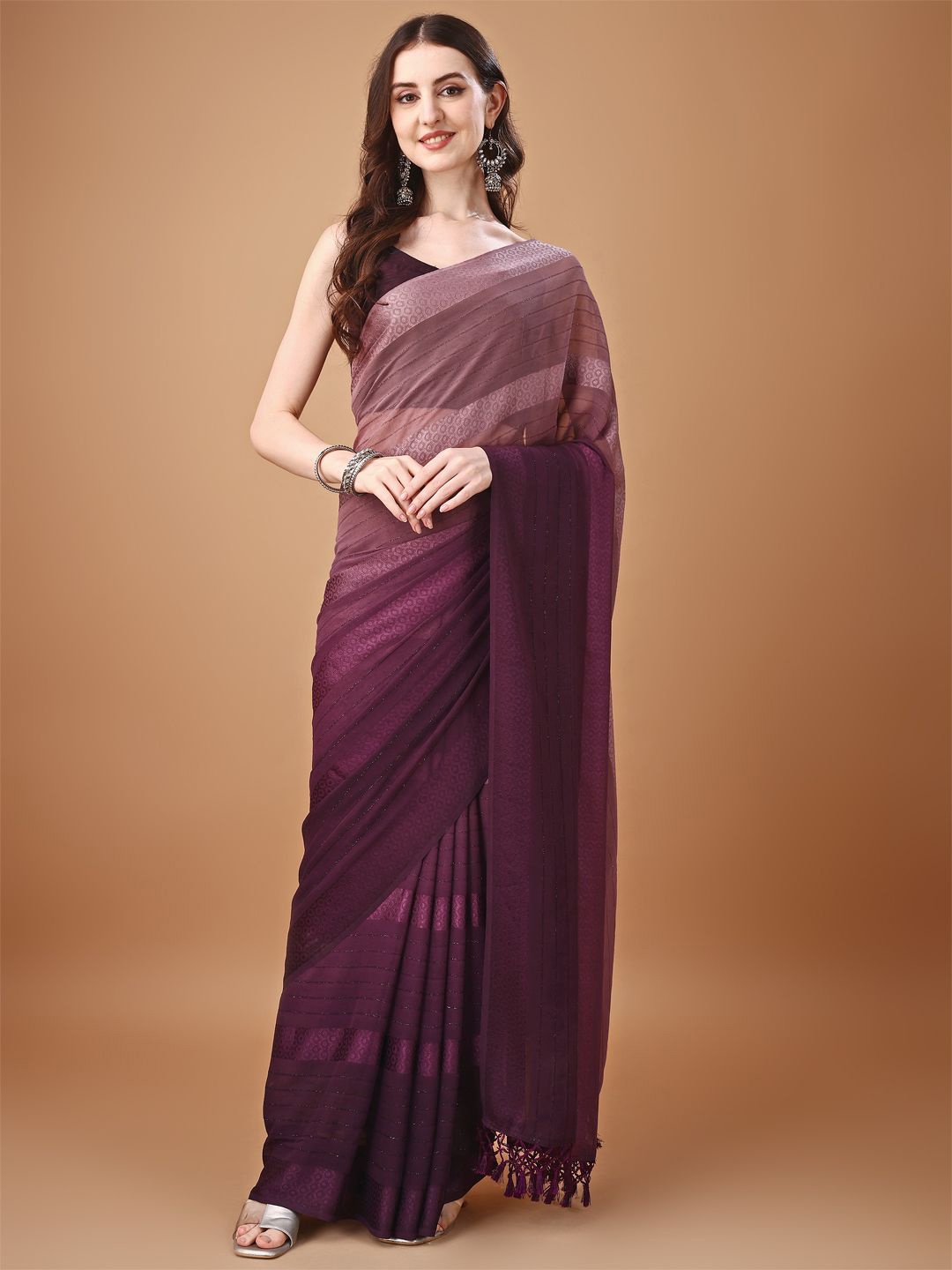 

KALINI Striped Saree With Printed Border, Purple