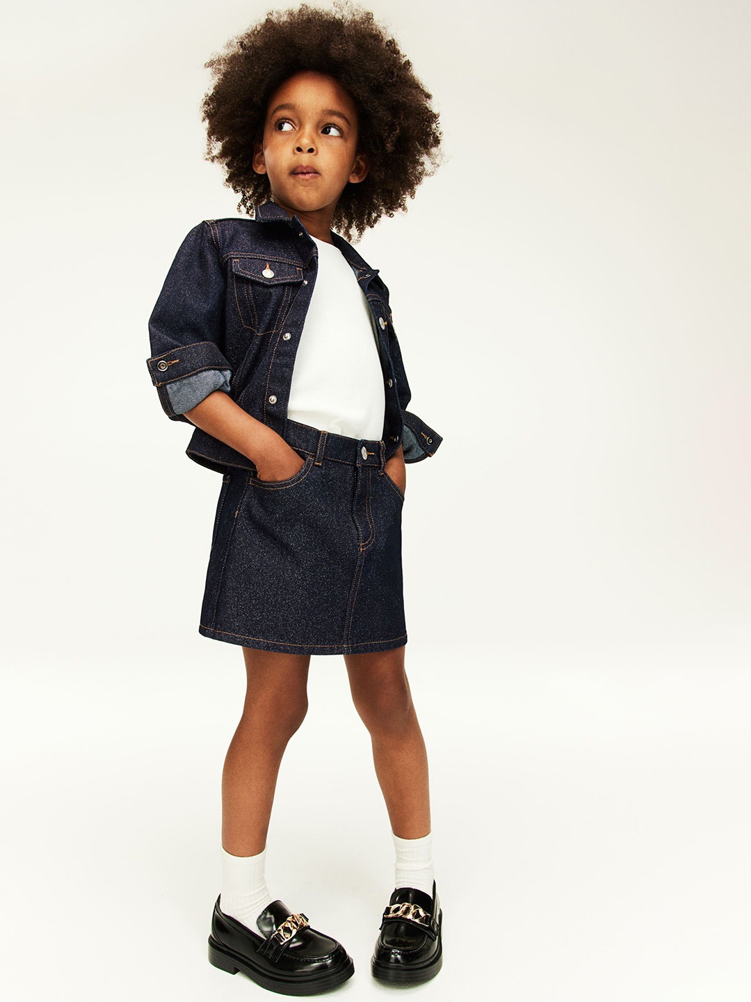 

H&M Girls Shimmering Pure Cotton Straight Mini Denim Skirt, Navy blue