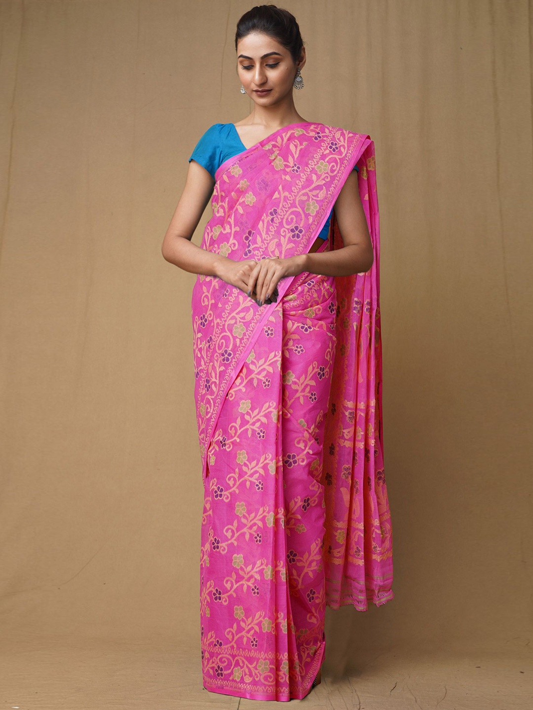 

Unnati Silks Woven Design Zari Pure Cotton Handloom Jamdani Saree, Pink