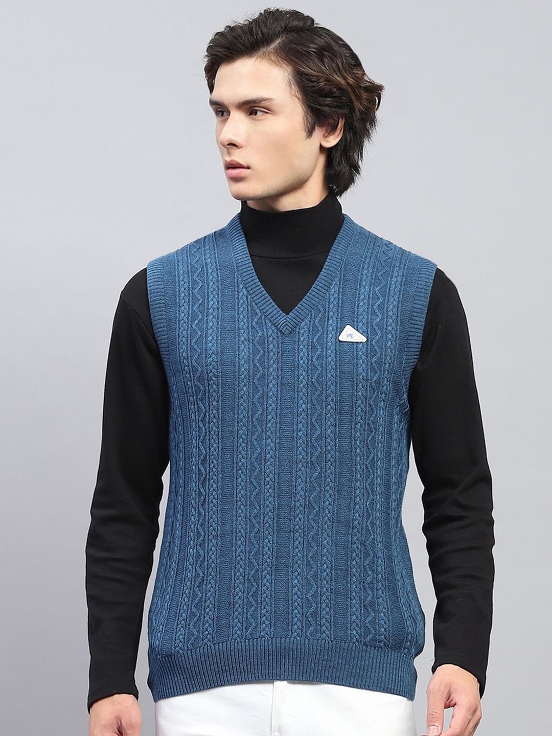 

Monte Carlo Men Cable Knit Woollen V Neck Sleeveless Sweater Vest, Blue