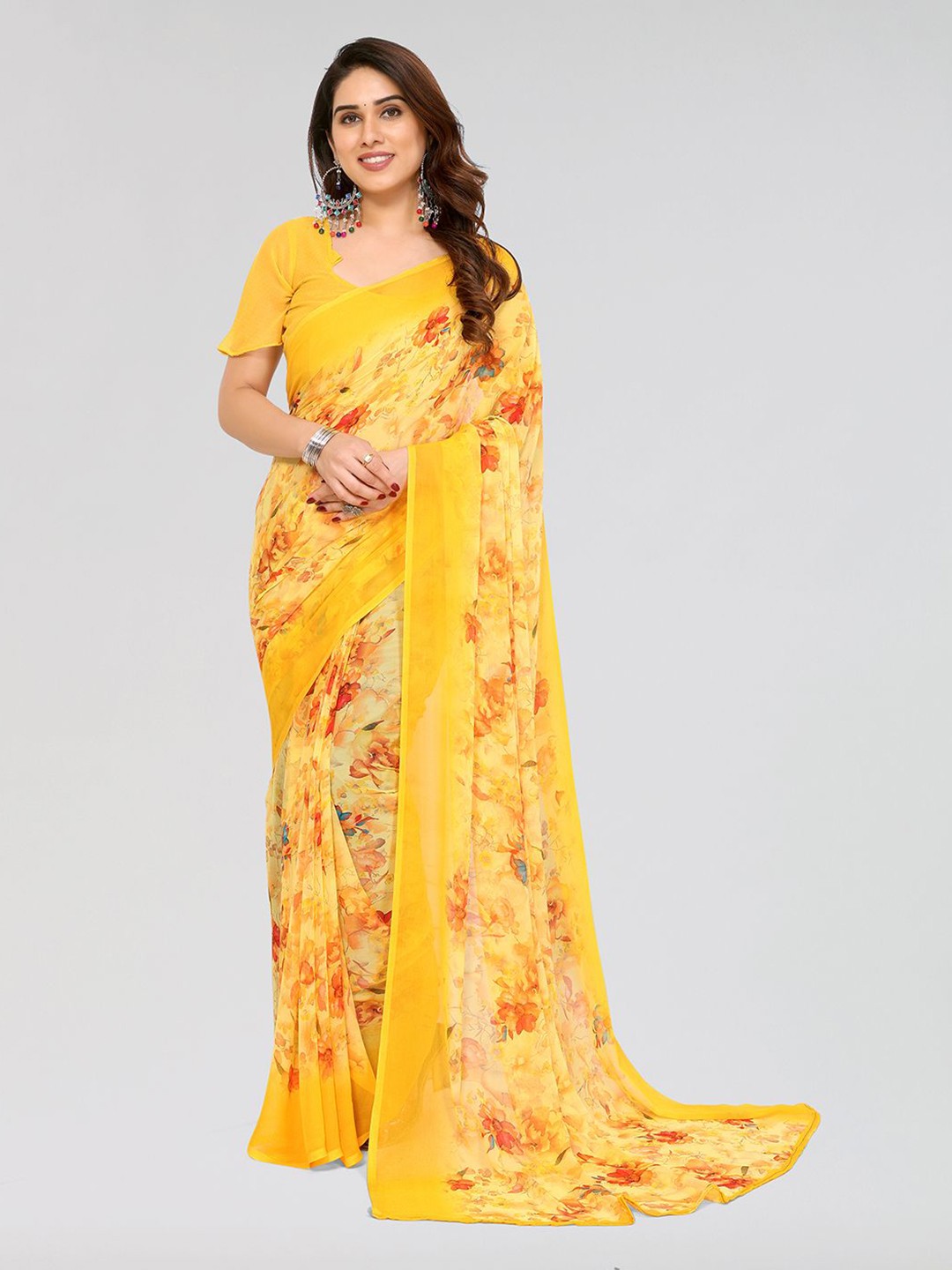 

ANAND SAREES Floral Printed Saree With Blouse Piece, Yellow