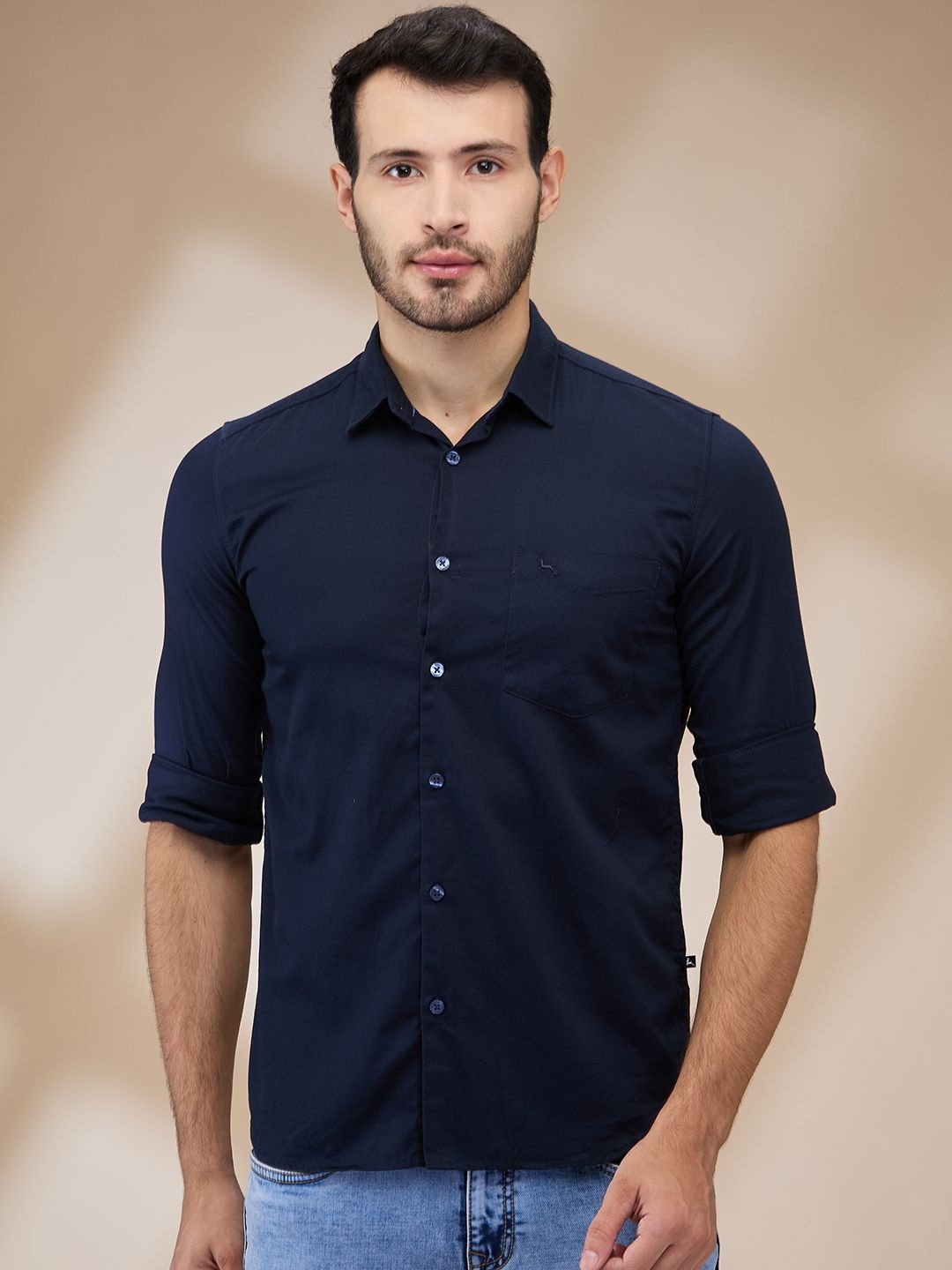 

Parx Men Spread Collar Solid Cotton Slim Fit Casual Shirt, Blue