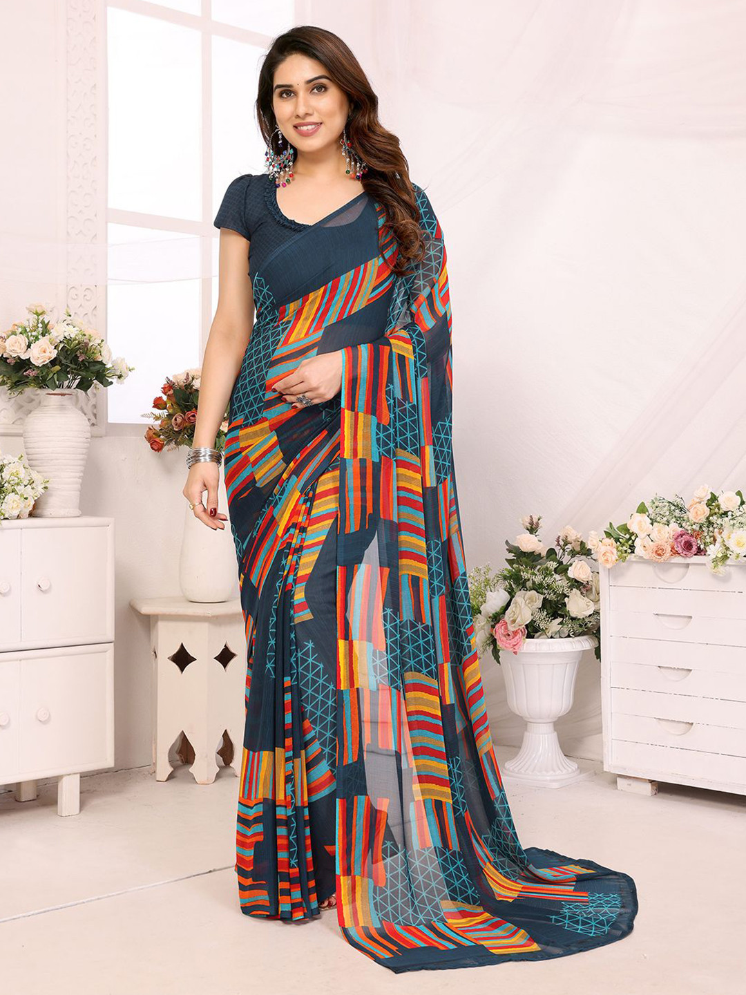 

ANAND SAREES Abstract Printed Saree with Blouse Piece, Grey