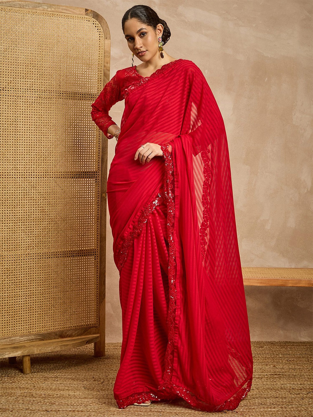 

all about you Striped Beads and Stones Pure Georgette Saree, Red