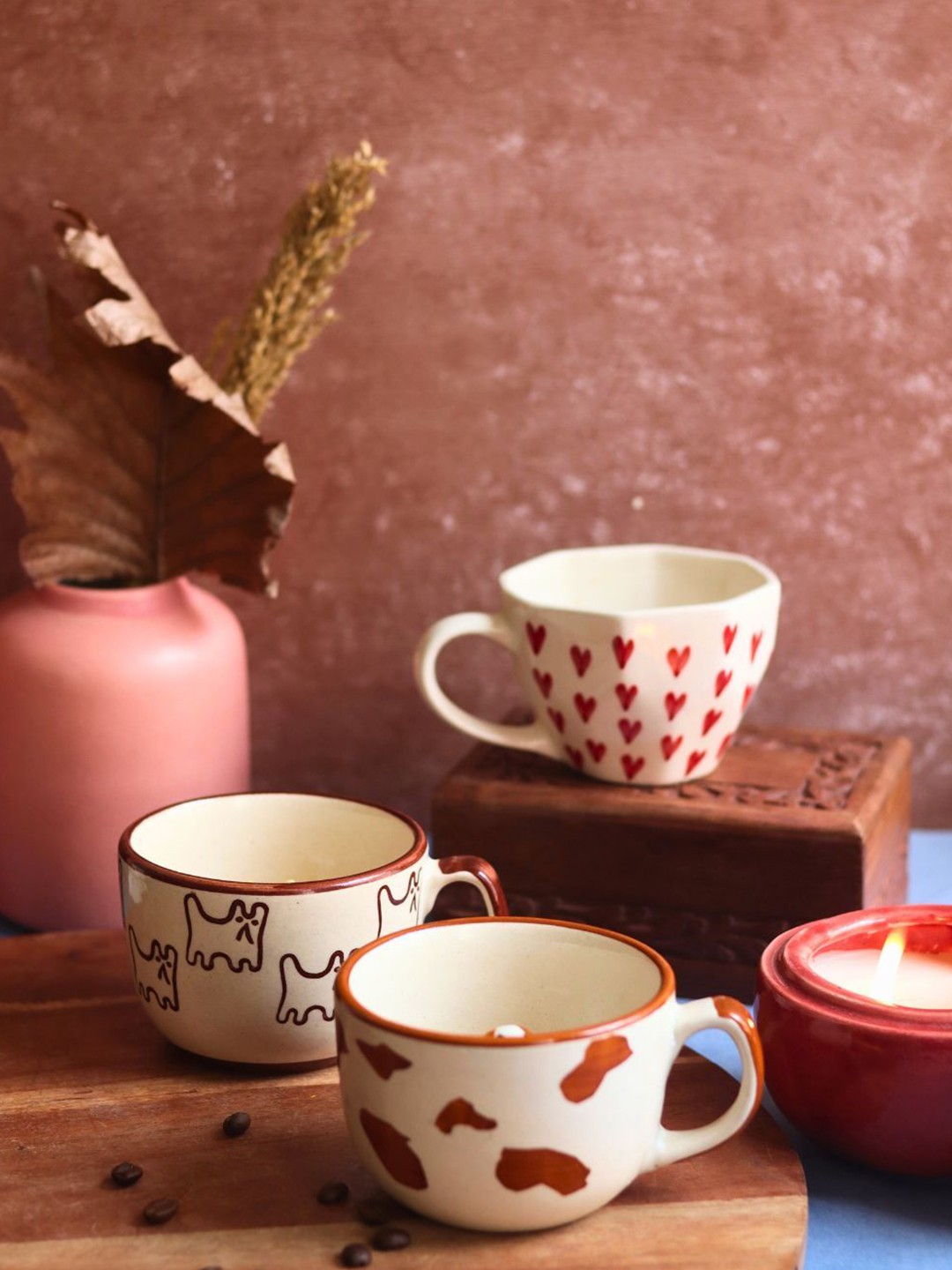 

WEAVING HOMES Cream & Red 3 Pieces Printed Ceramic Glossy Cups