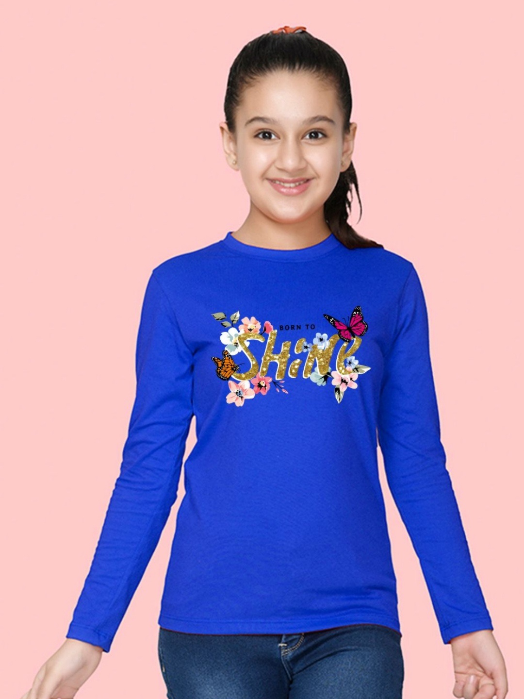 

NUSYL Girls Graphic Printed Round Neck Cotton T-shirt, Blue