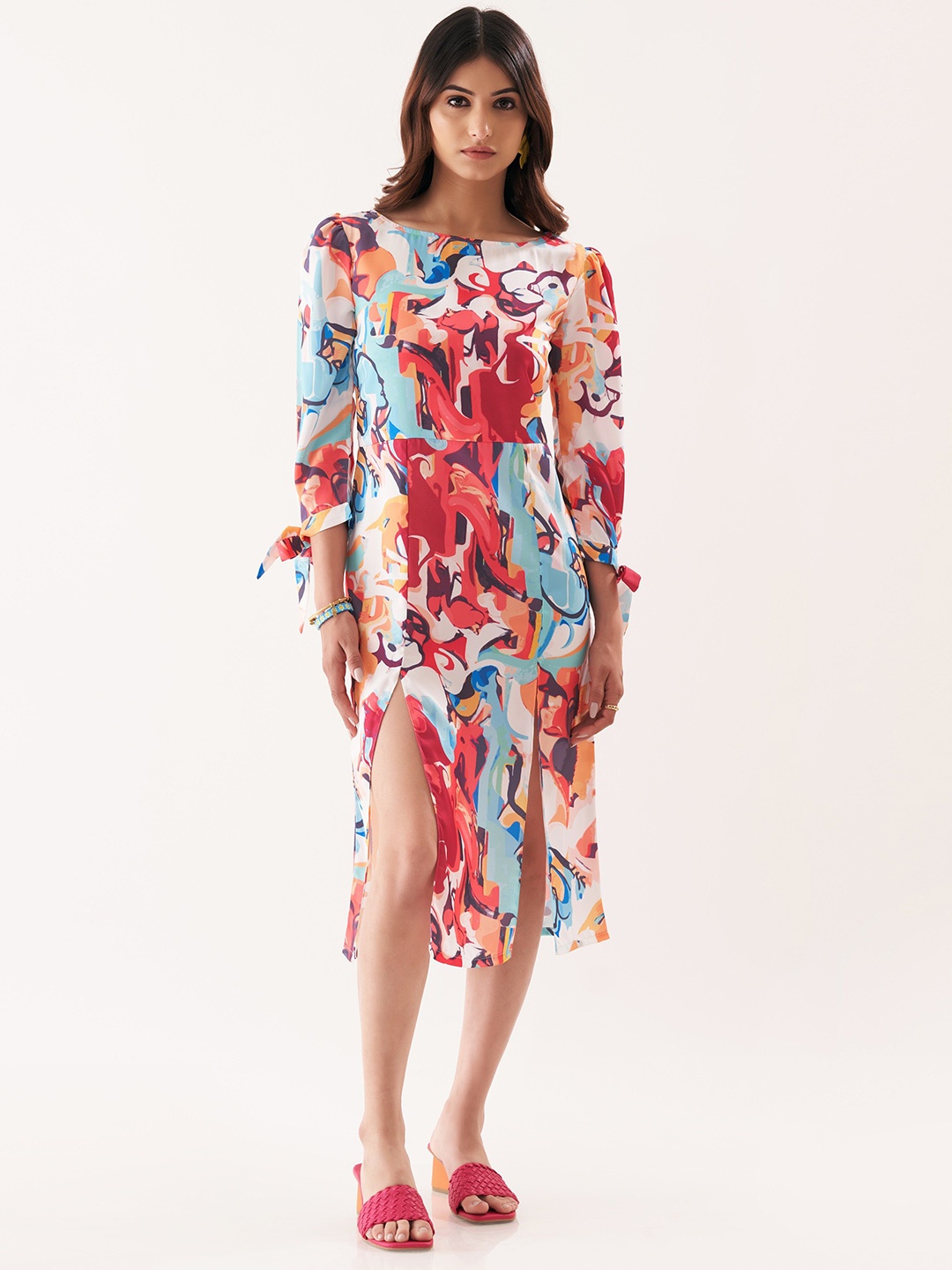

BOONS n PERKKS Printed Satin A-Line Dress, Pink