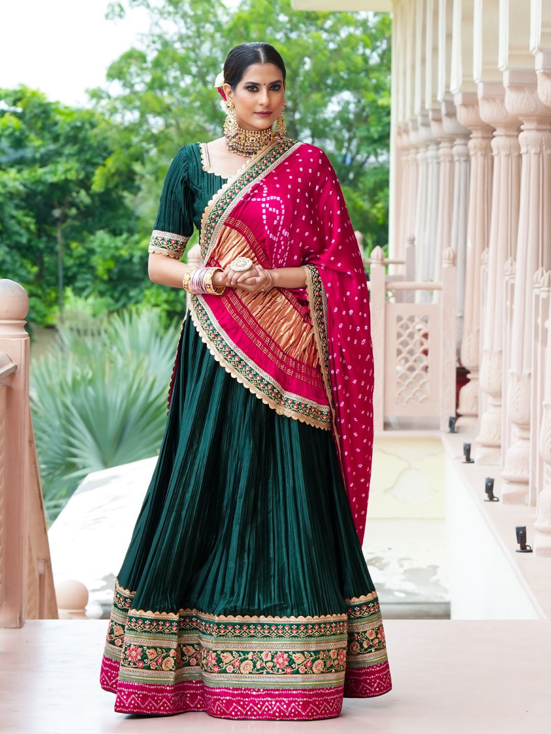 

SHRINGARINI Ready to Wear Lehenga & Unstitched Blouse With Dupatta, Green