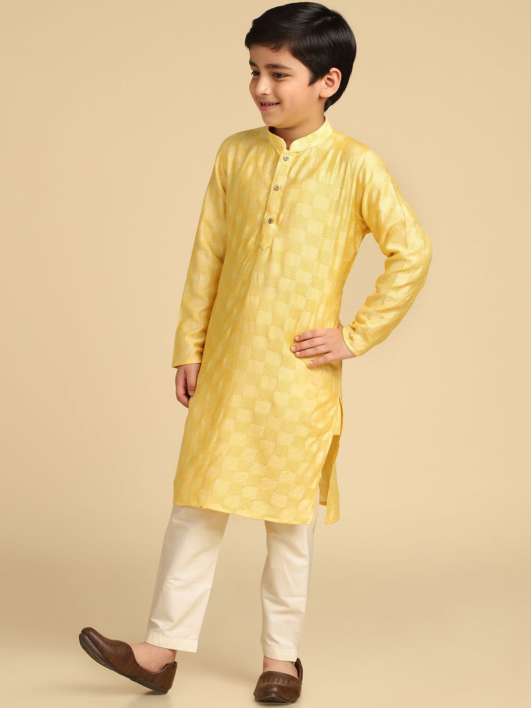 

KISAH Boys Checked Woven Design Thread Work Mandarin Collar Straight Kurta, Yellow