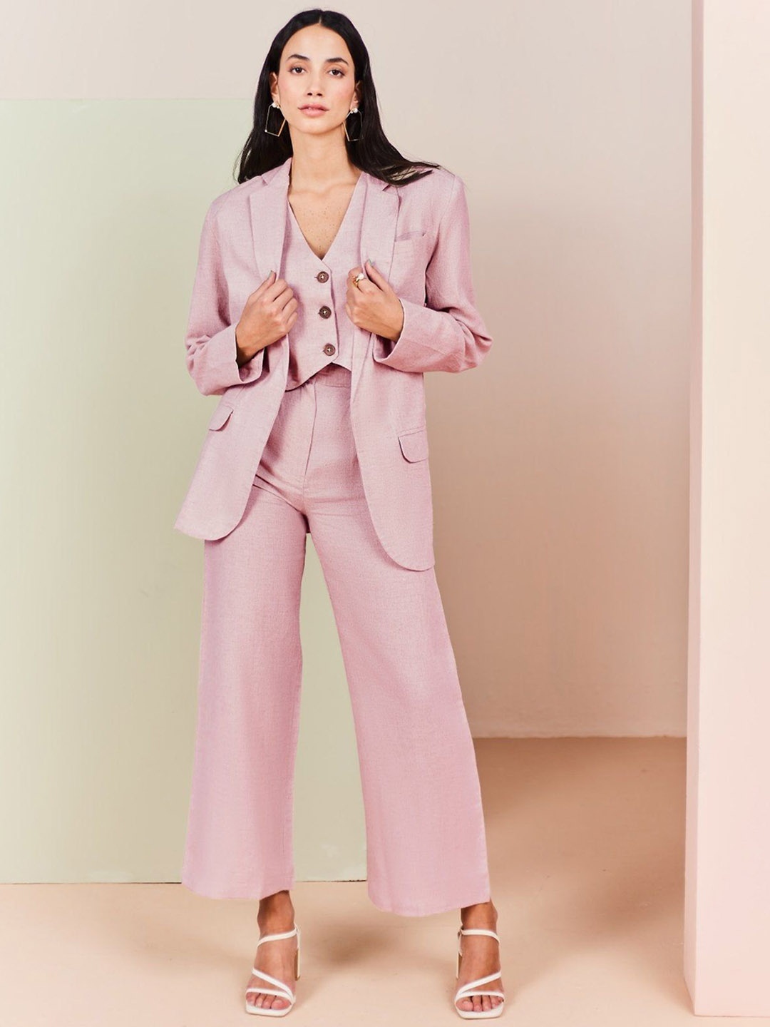 

Sage by Mala Amadea Notched Lapel Single-Breasted Linen 3 Piece Blazer & Waistcoat Trouser, Pink