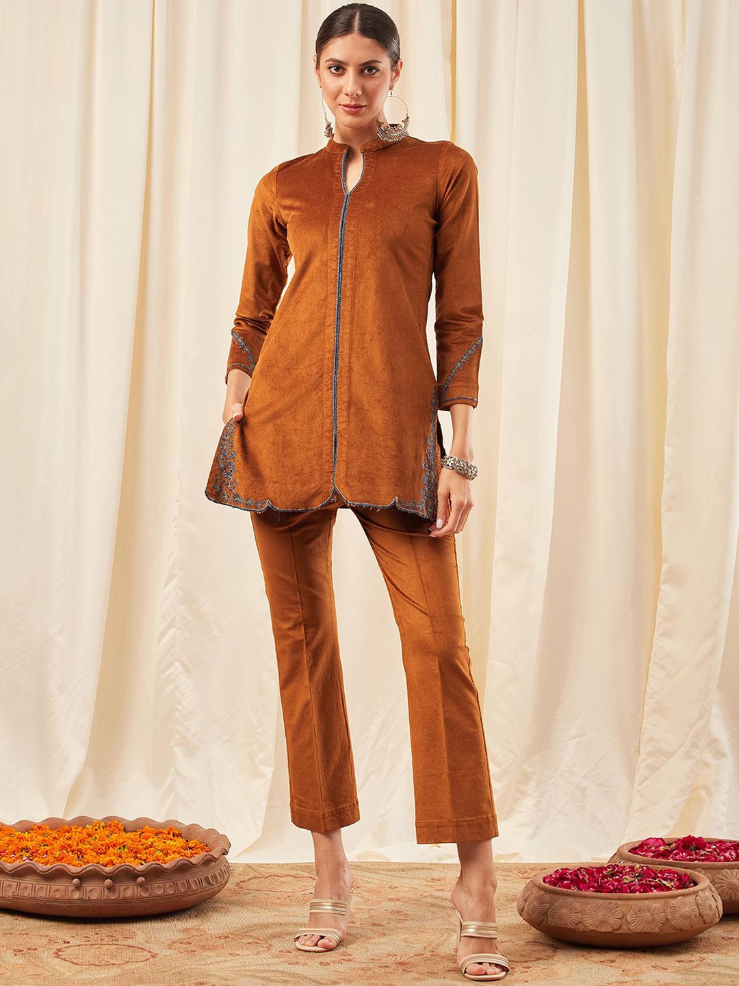 

STADO Embroidered Mandarin Collar Pure Wool Tunic & Trouser, Mustard