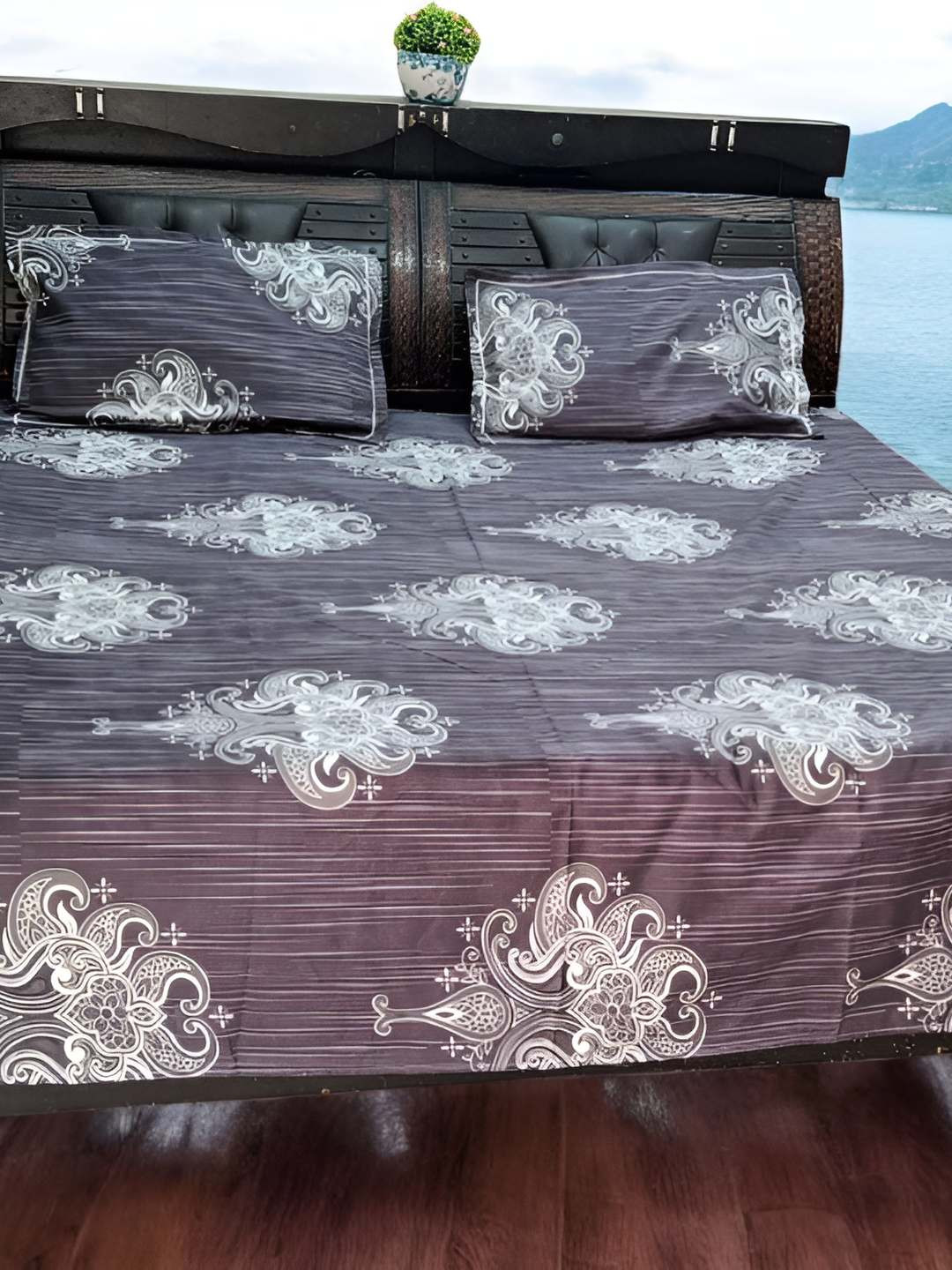 

V.R.ENTERPRISES Grey Ethnic Printed 300TC Cotton Queen Bedsheet with 2 Pillow Covers
