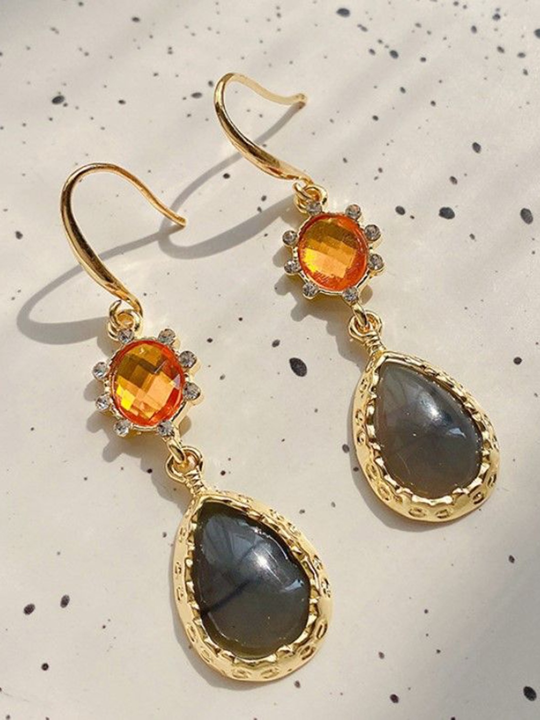 

BLINGEE Gold Plated Crystal Studded Contemporary Drop Earrings, Orange