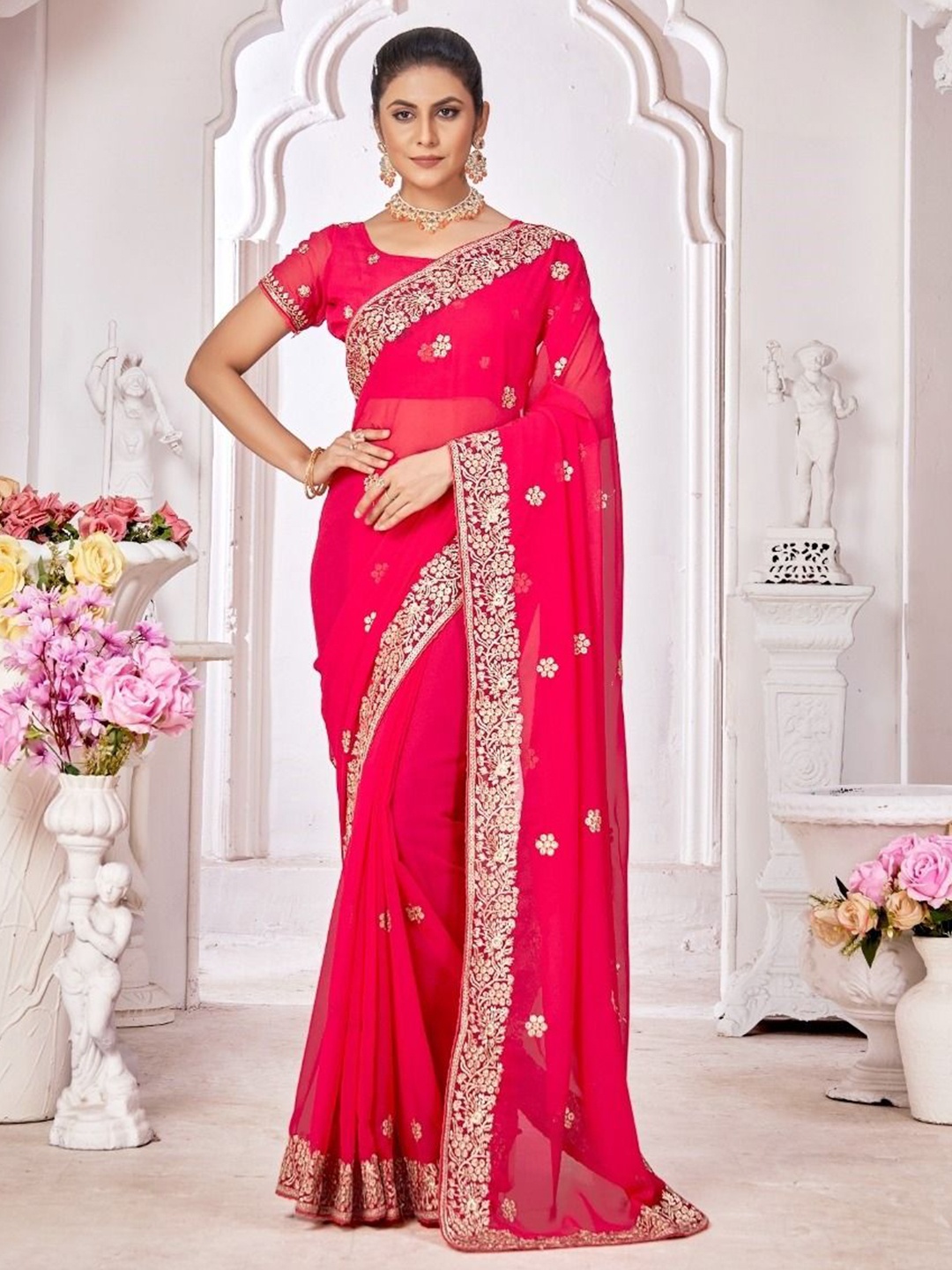 

Kalista Embellished Zari Pure Georgette Saree, Pink