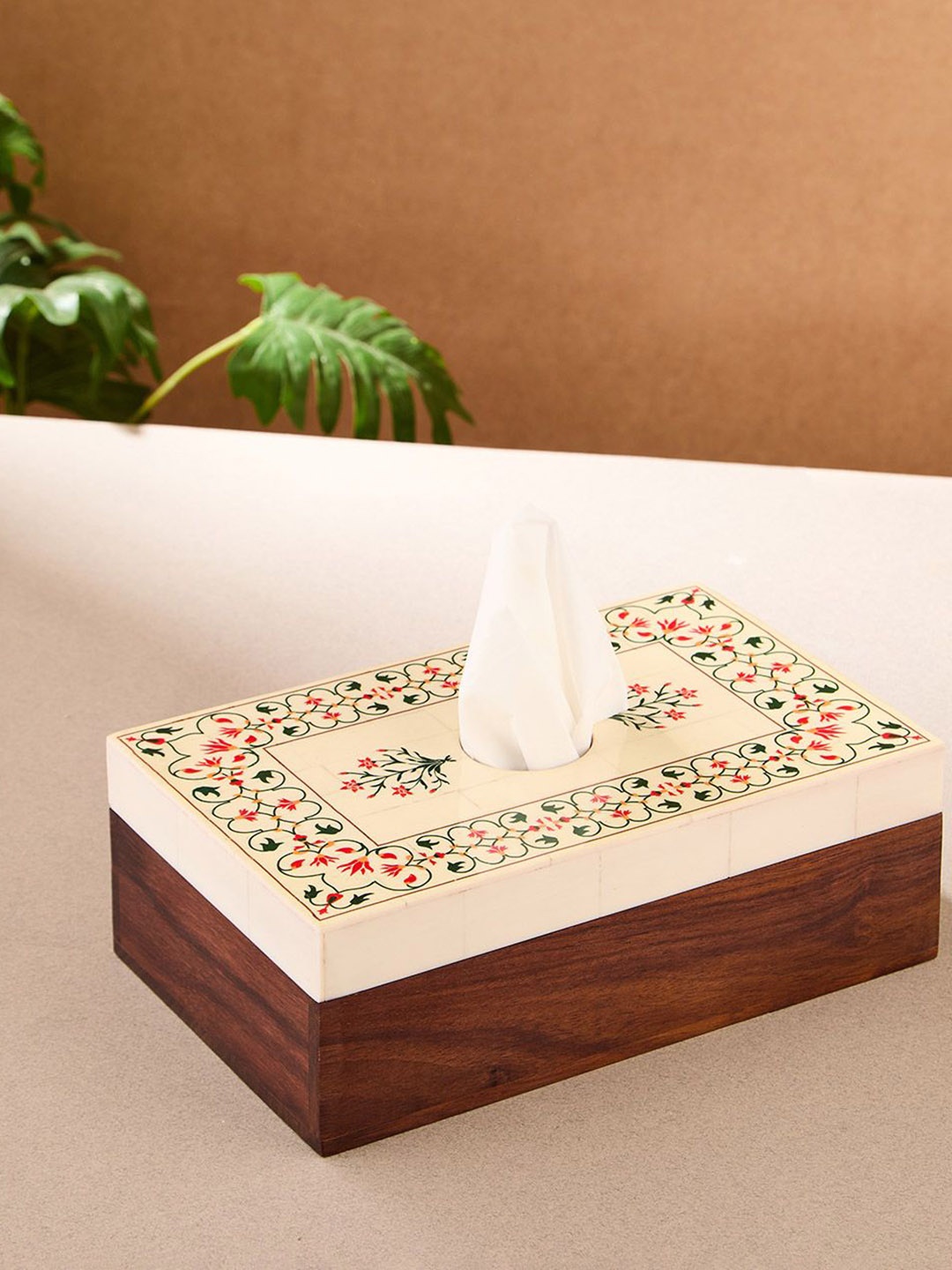 

Fabindia Cream Coloured & Brown Floral Printed Wooden Tissue Holder