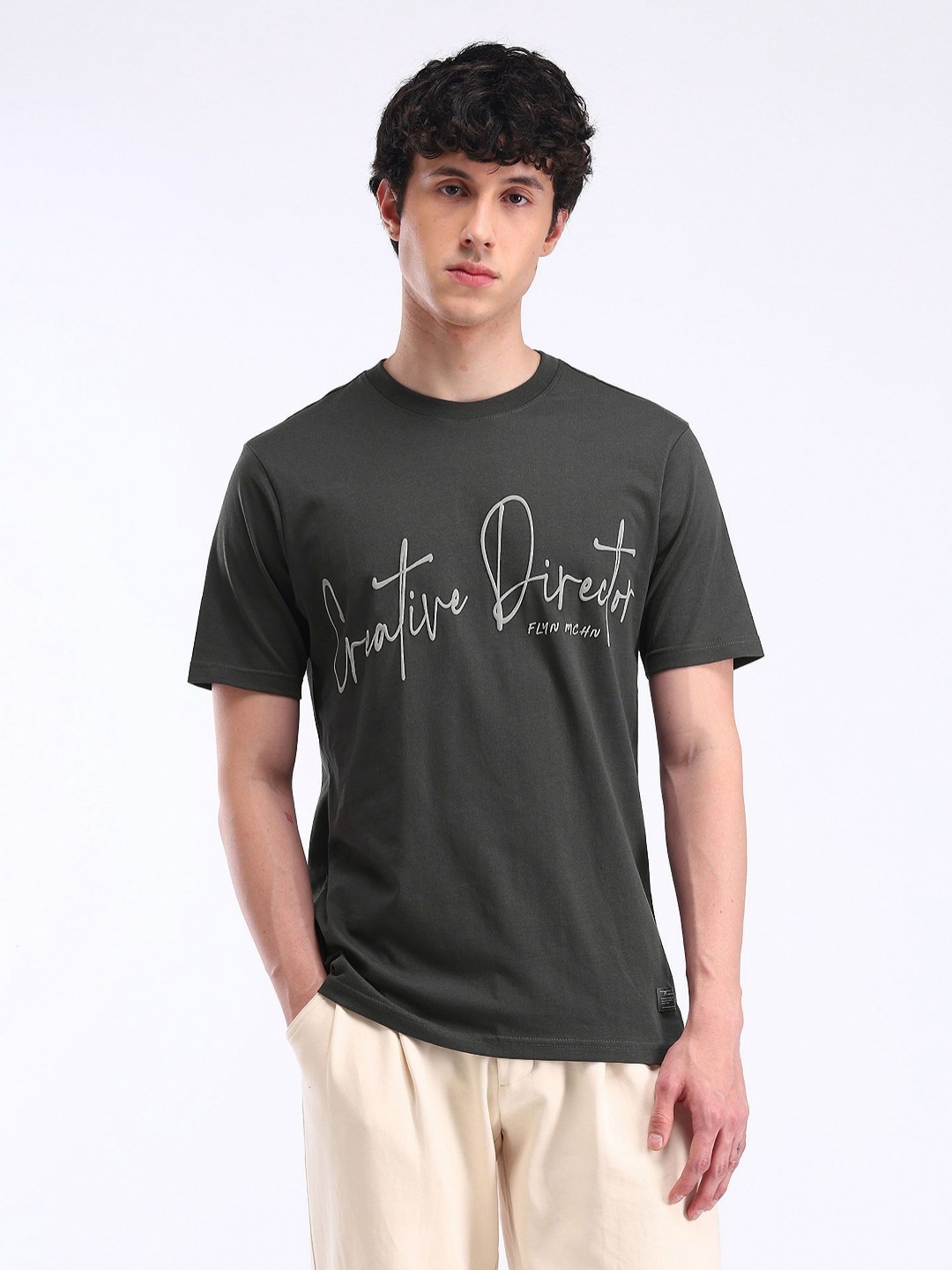 

Flying Machine Men Typography Printed Round Neck Cotton T-shirt, Grey