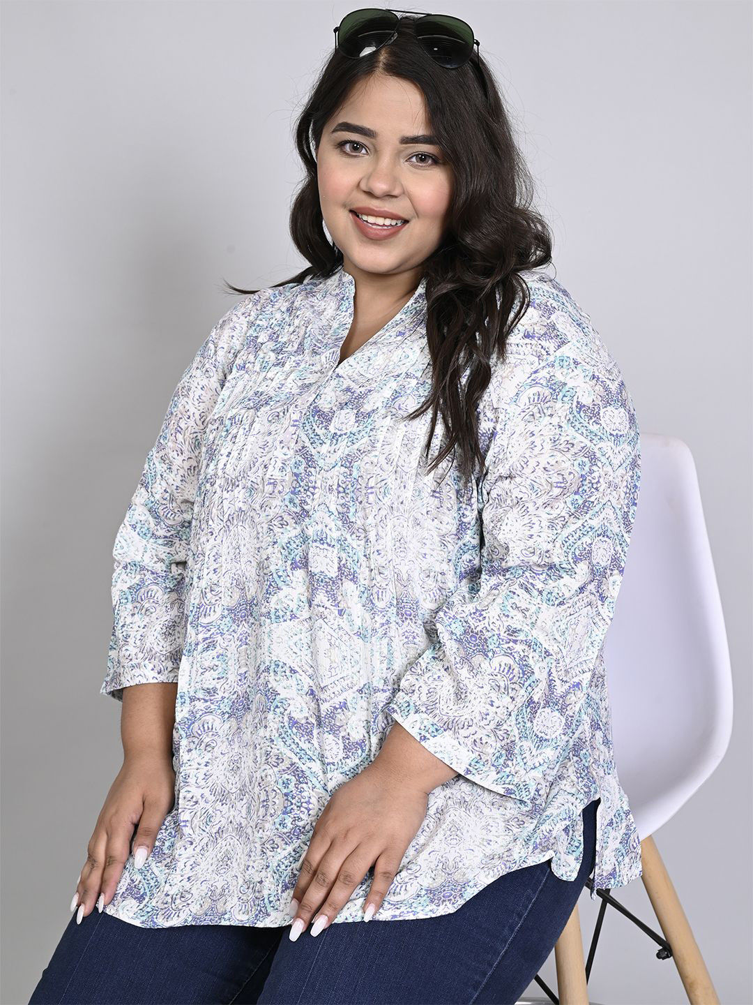 

Sztori Women Ethnic Motifs Printed Mandarin Collar Plus Size Top, Blue