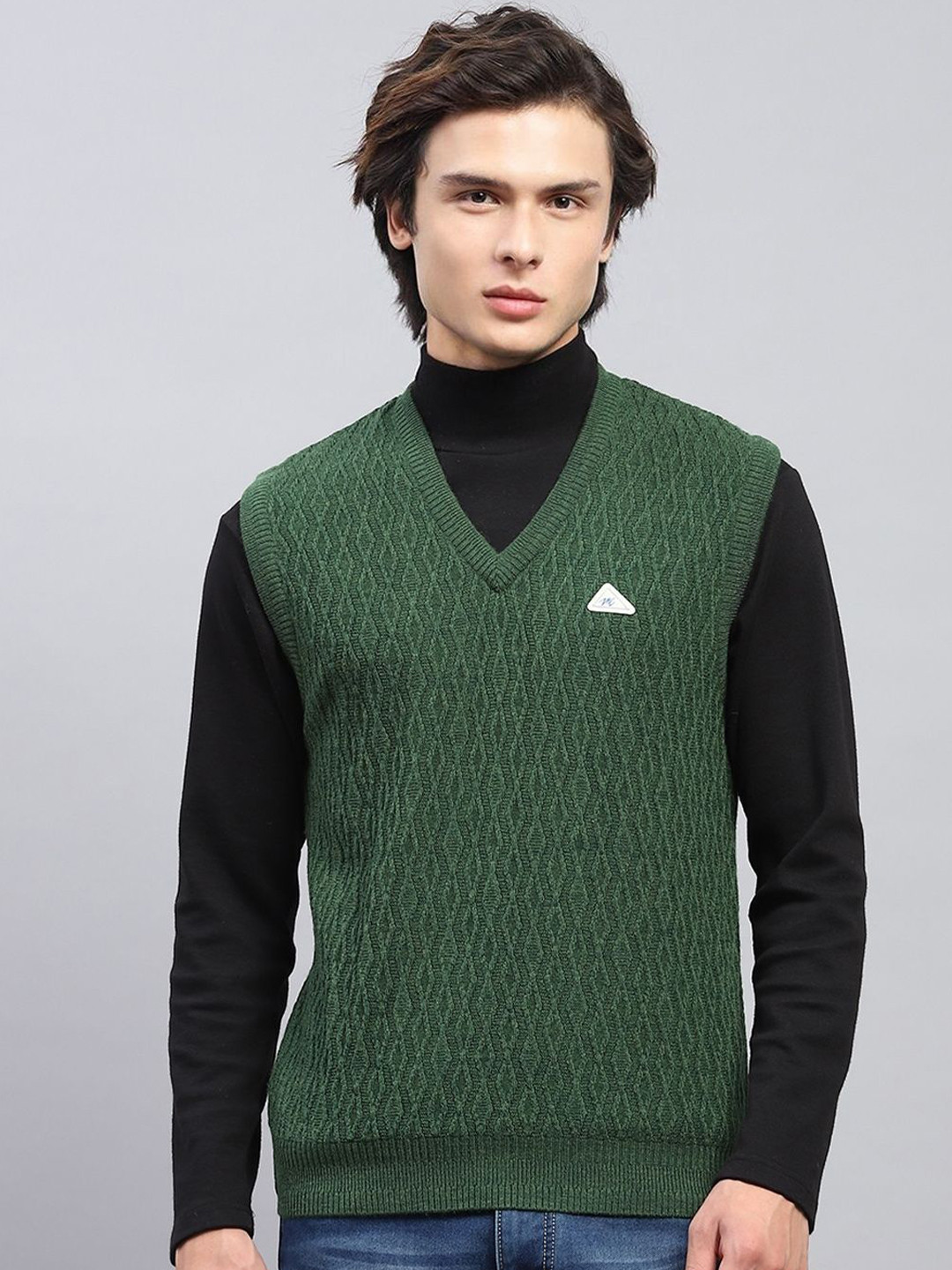 

Monte Carlo Men Cable Knit Woollen V Neck Sleeveless Sweater Vest, Green