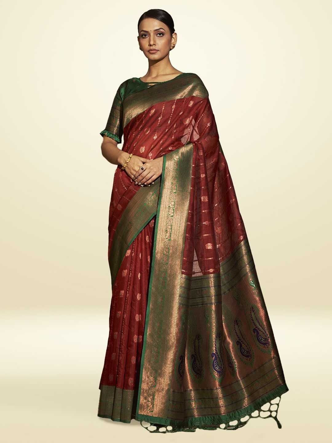 

SARHA Woven Design Zari Pure Cotton Saree, Red