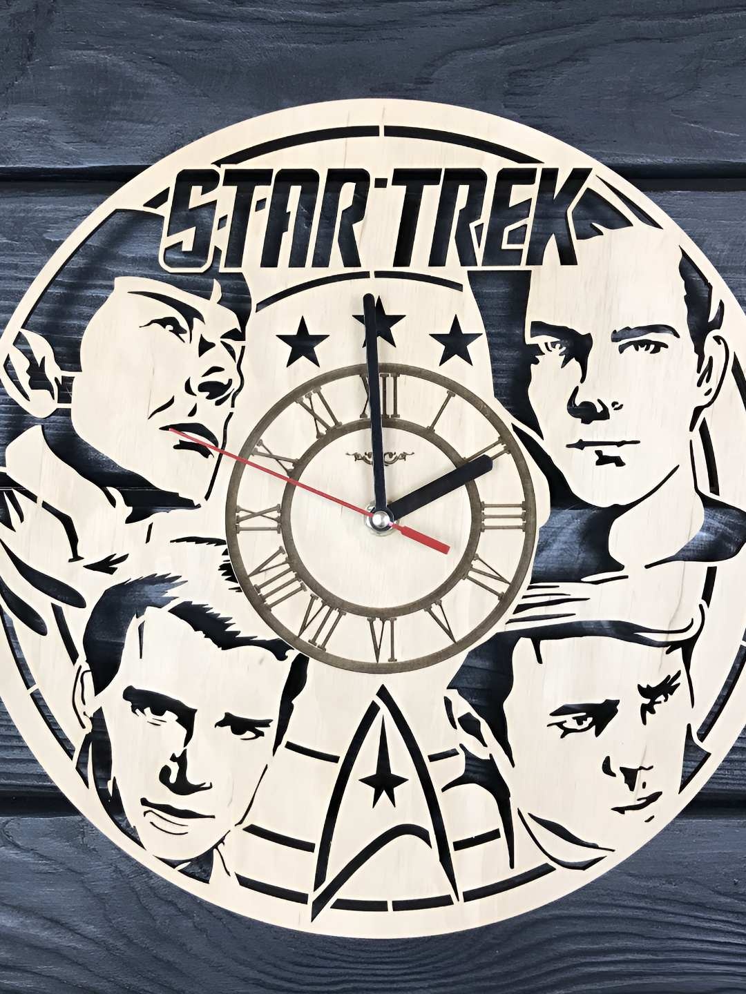 

QEZNEF Beige & Black Star Trek Textured Contemporary Round Shaped Wooden Wall Clock