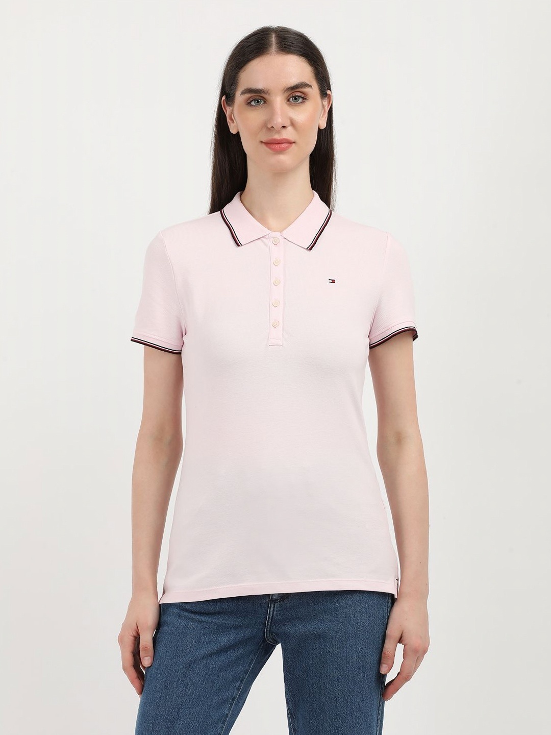 

Tommy Hilfiger Women Solid Polo Collar Cotton T-shirt, Pink