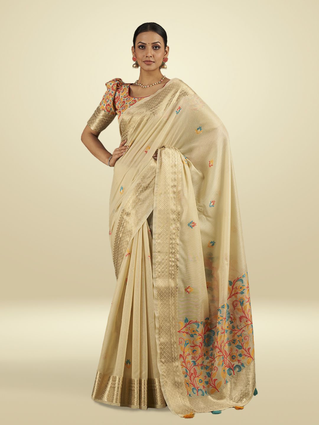 

SARHA Woven Design Zari Pure Cotton Saree With Blouse Piece, Beige