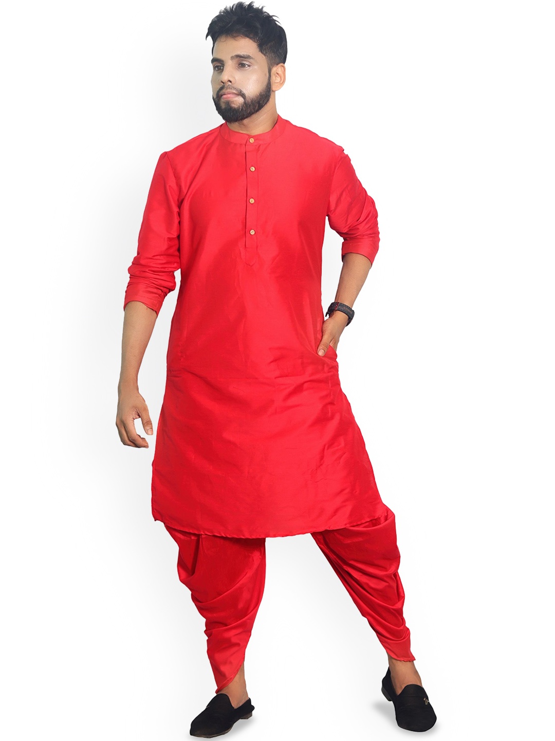 

House of Aqss Mandarin Collar Silk Straight Kurta, Red