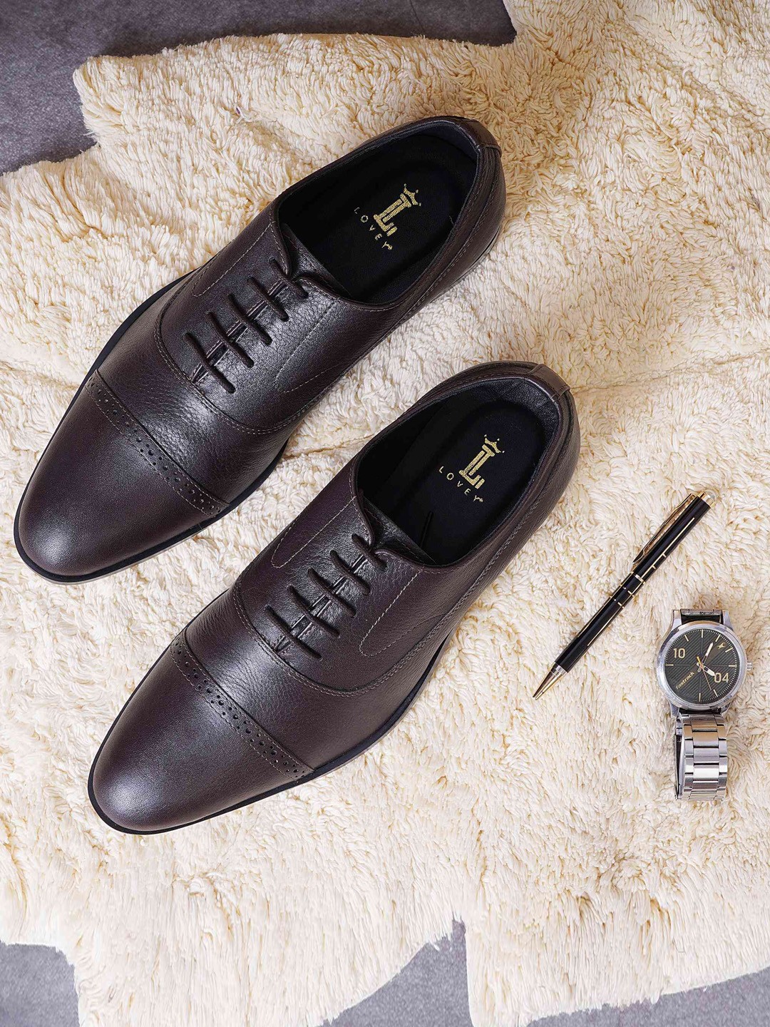 

LOVEY Men Solid Leather Oxfords, Brown