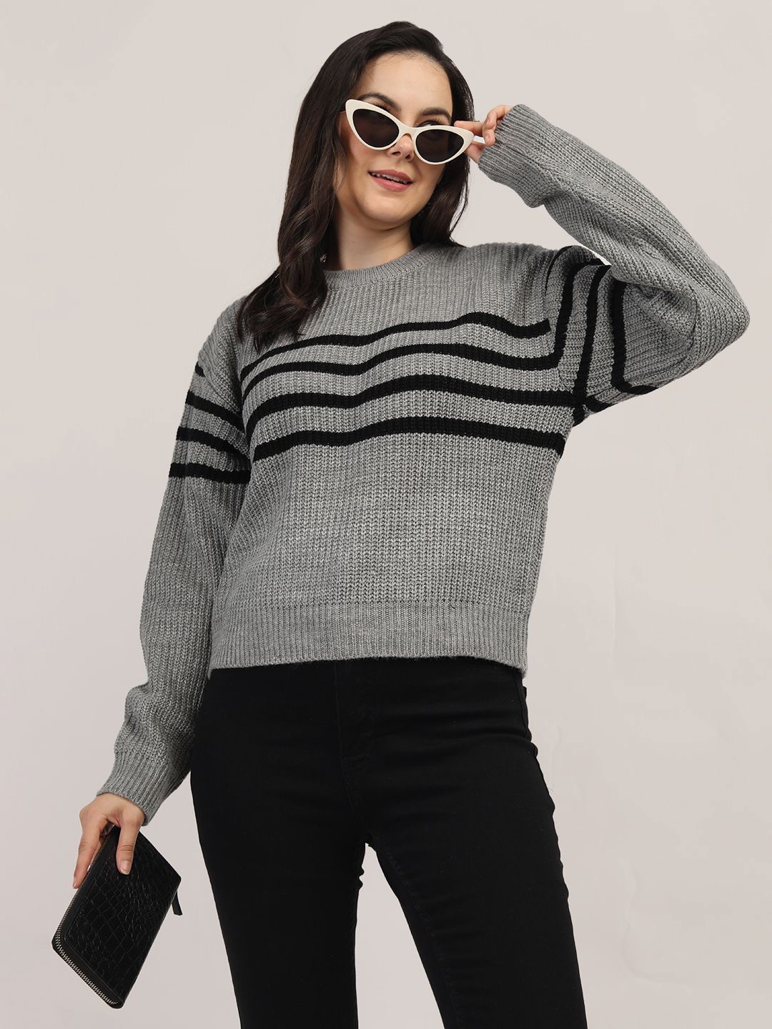 

CHKOKKO Women Striped Woollen Pullover, Grey