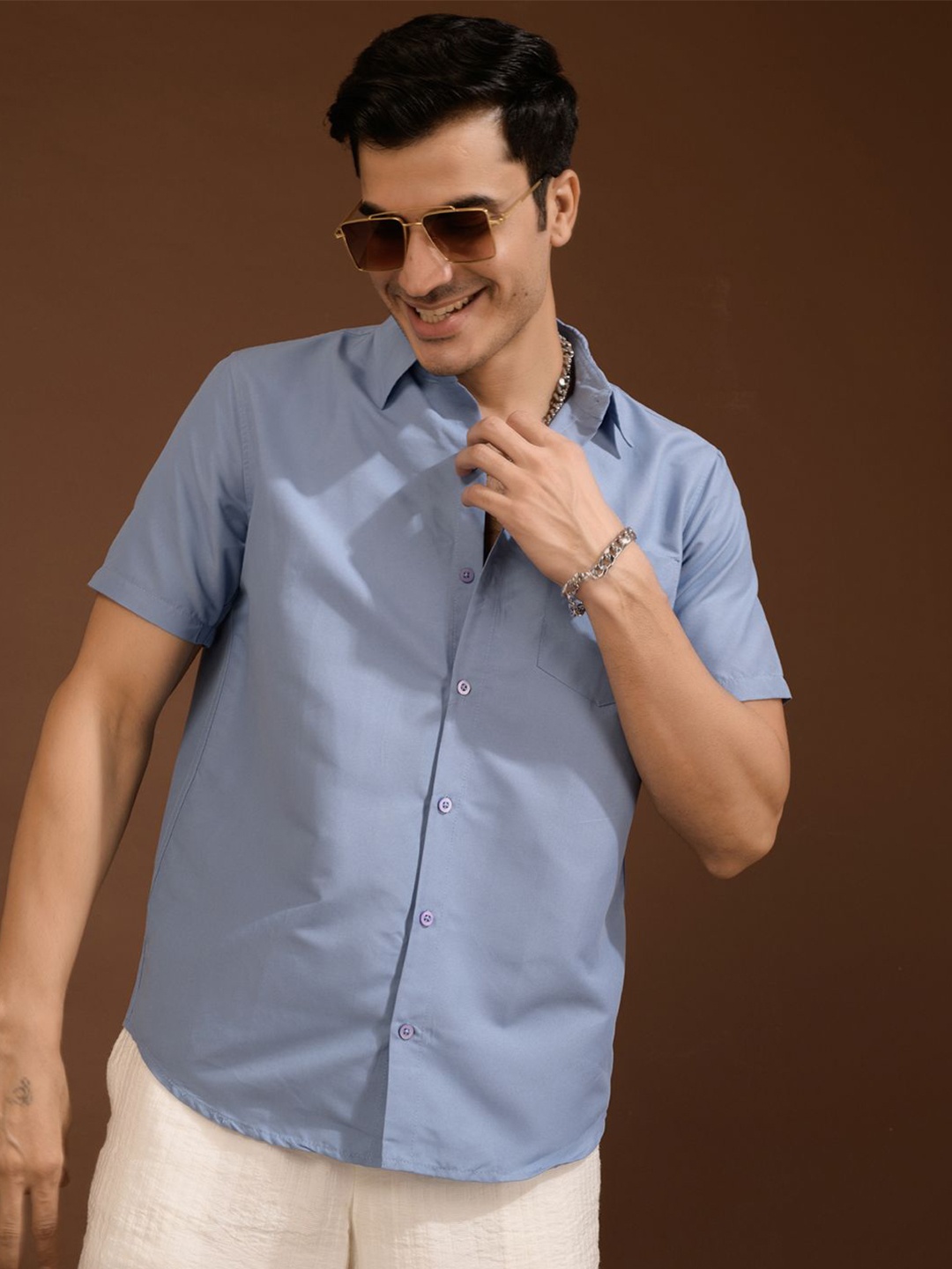 

BAESD Men Standard Spread Collar Solid Polycotton Casual Shirt, Blue