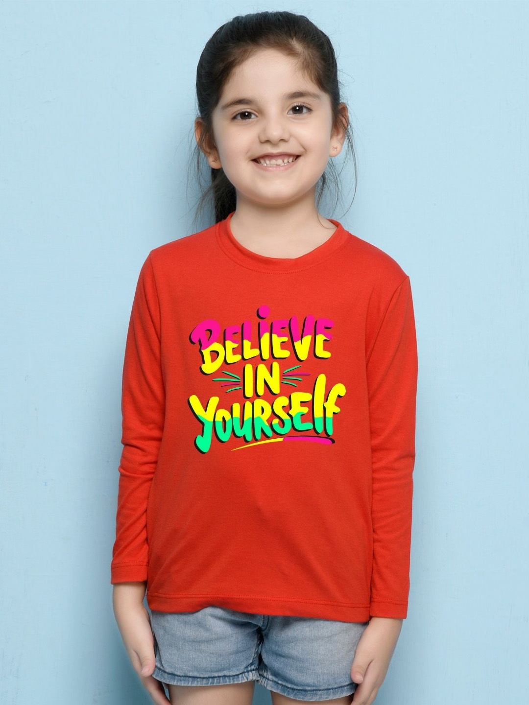 

NUSYL Girls Typography Printed Round Neck Cotton T-shirt, Red