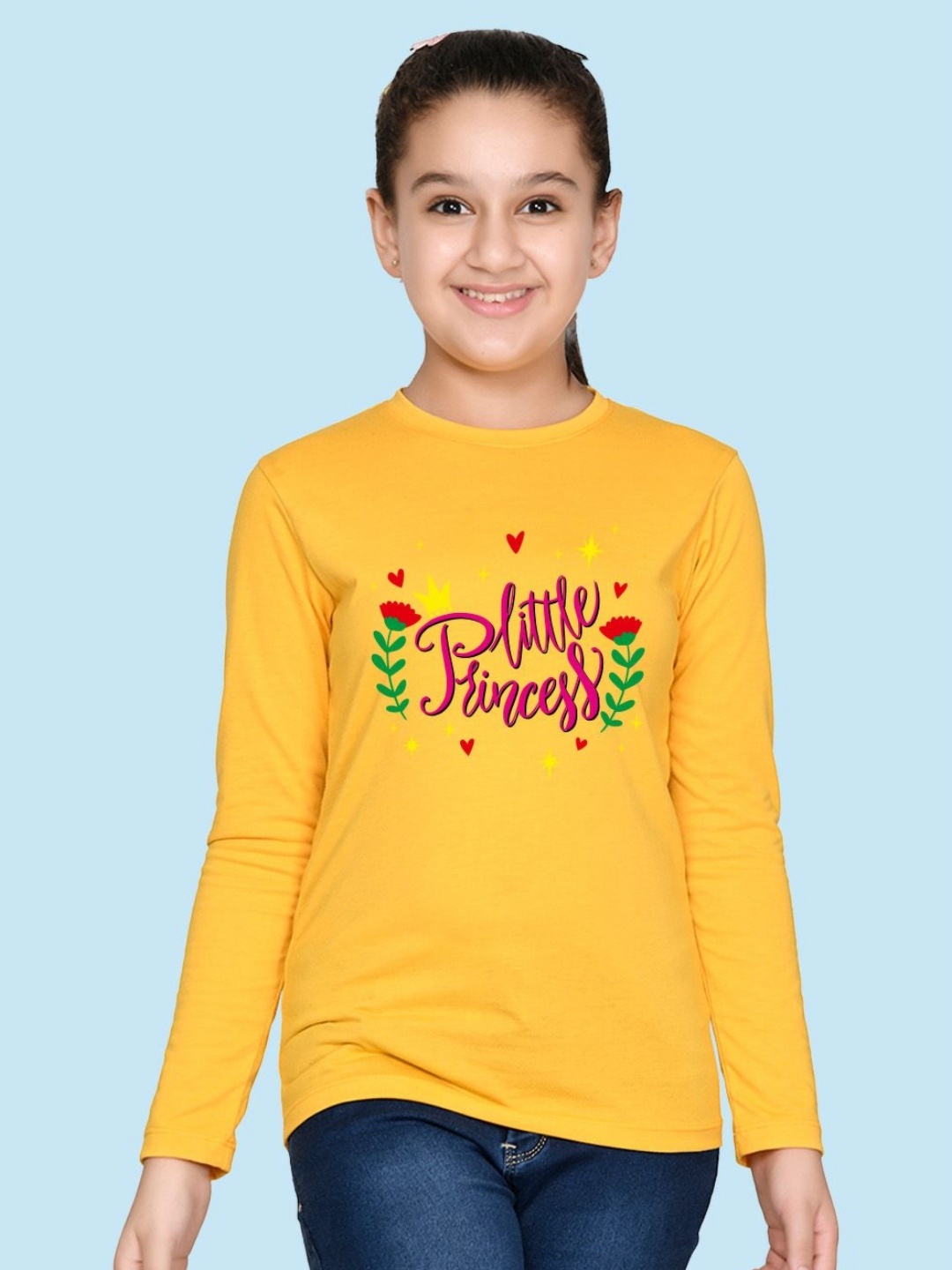 

NUSYL Girls Typography Printed Round Neck Cotton T-shirt, Yellow