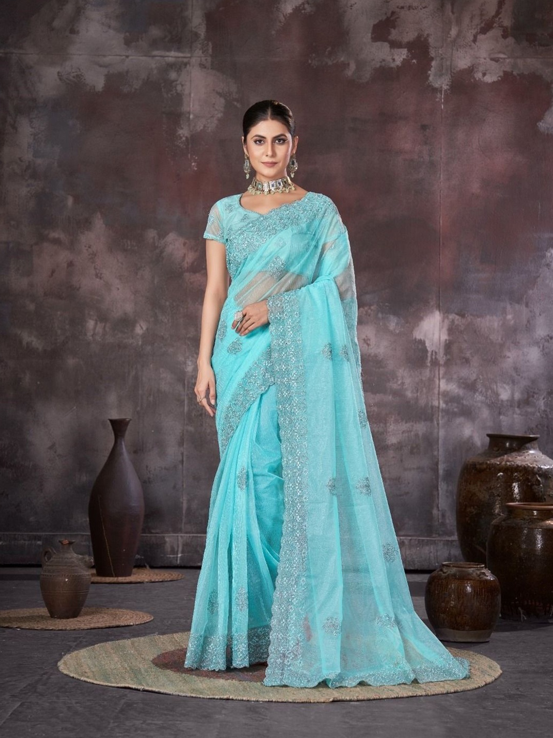 

Kalista Floral Embellished Zari Pure Georgette Saree, Turquoise blue