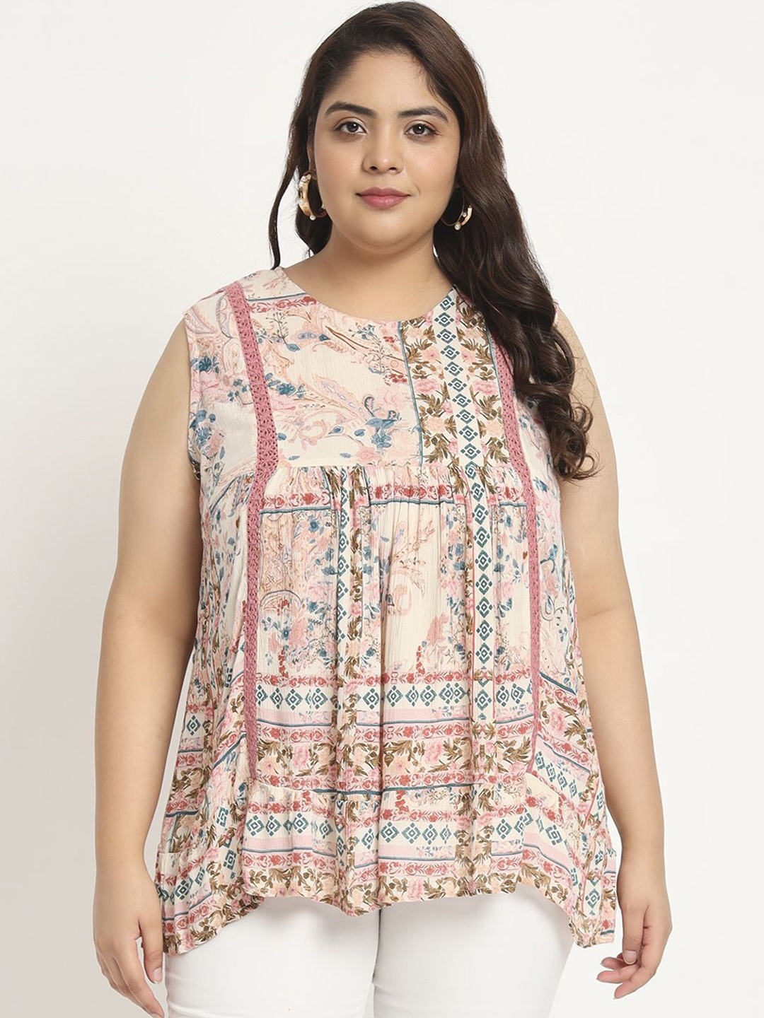

VELDRESS Women Floral Printed Round Neck Plus Size Top, Pink