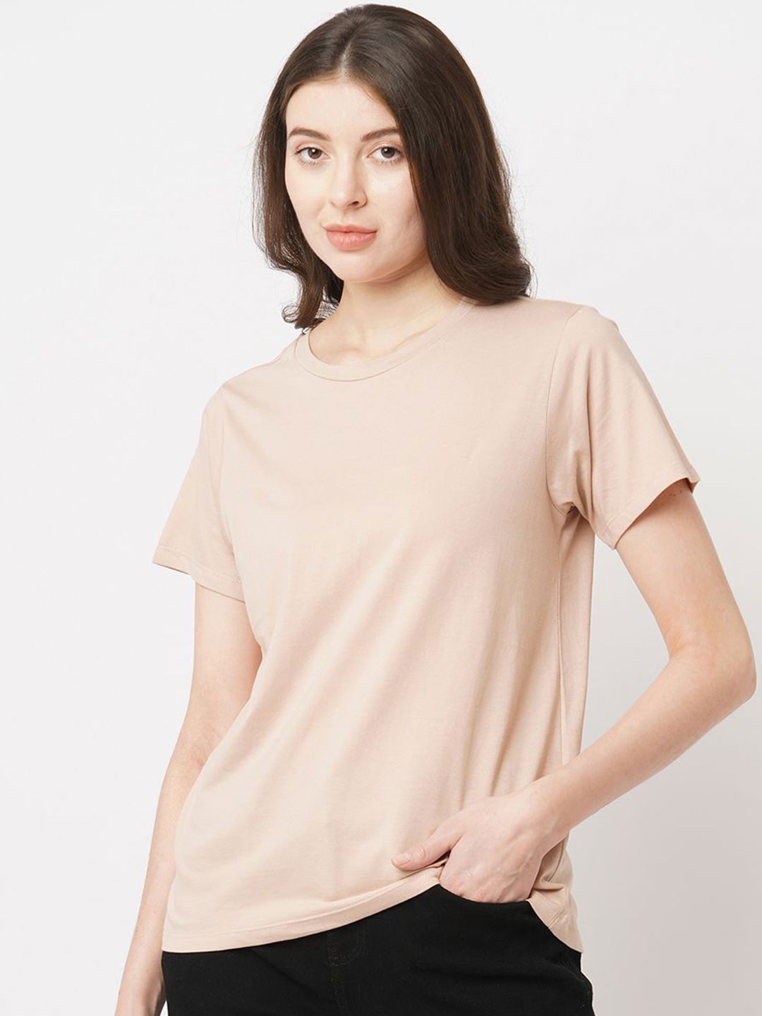

The Roadster Lifestyle Co Women Round Neck Pure Cotton T-Shirts, Beige