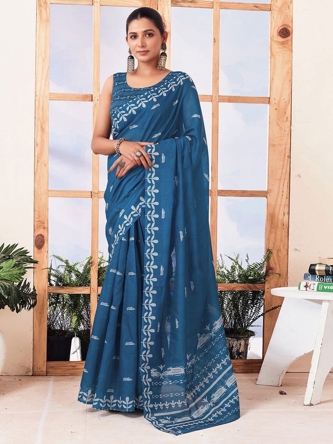 

Mitera Ethnic Motifs Printed Pure Cotton Ready to Wear Ikat Saree, Blue