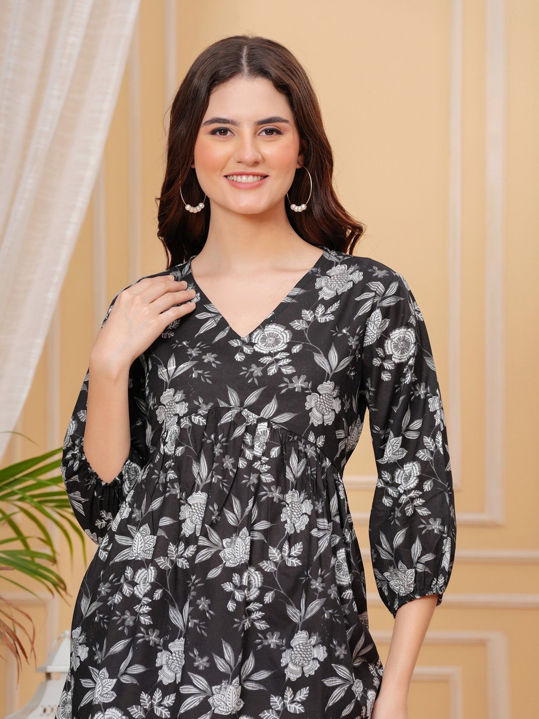 

Royal Marque Women Floral Printed V-Neck Cotton Top, Black