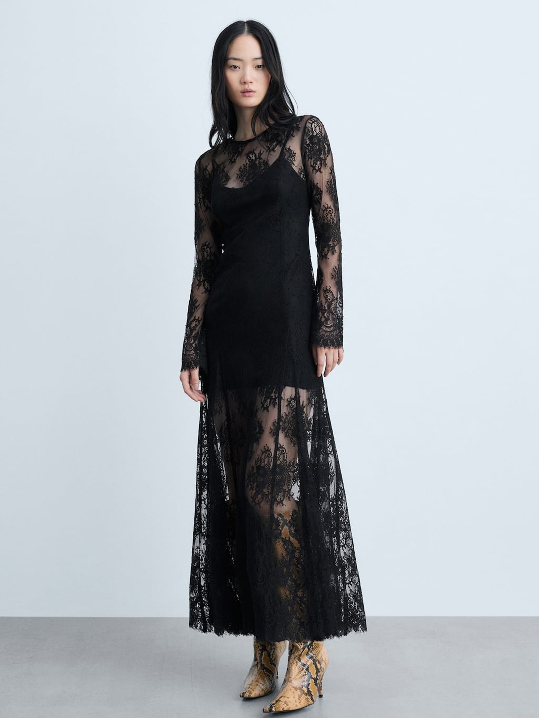 

MANGO Lace Maxi Dress, Black