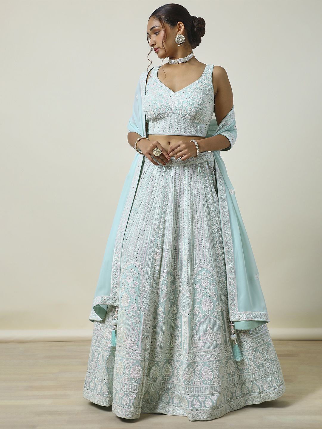 

Soch Embroidered Beads and Stones Ready to Wear Lehenga & Blouse With Dupatta, Blue