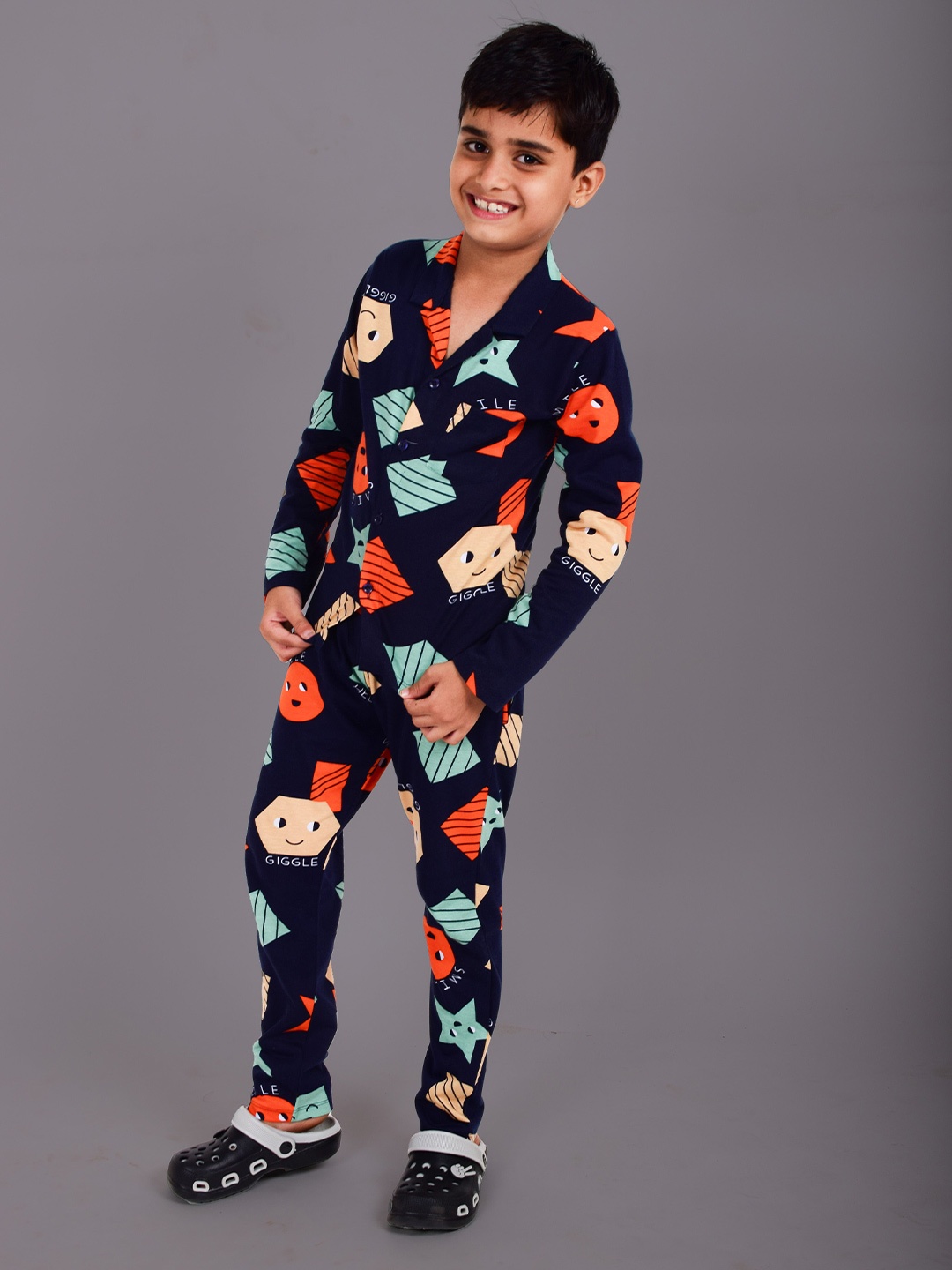 

ROW STARS Boys Pure Cotton Printed Shirt with Trousers, Black