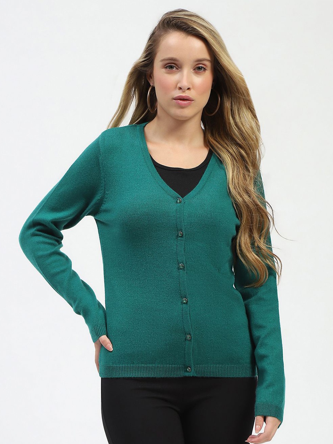 

Madame Women V-Neck Long Sleeves Cardigan, Green