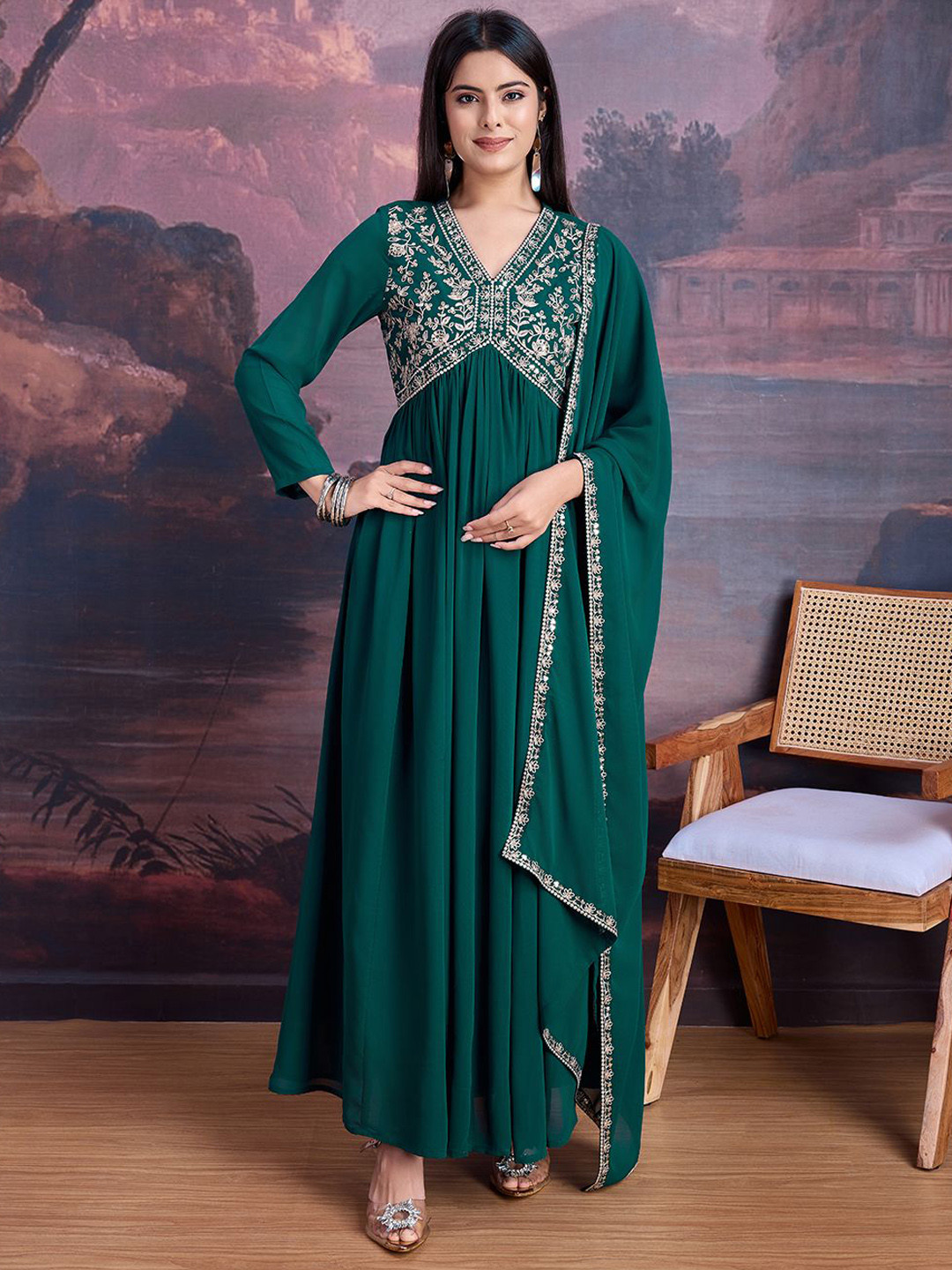 

House of Pataudi Floral Embroidered Ethnic Dress With dupatta, Green