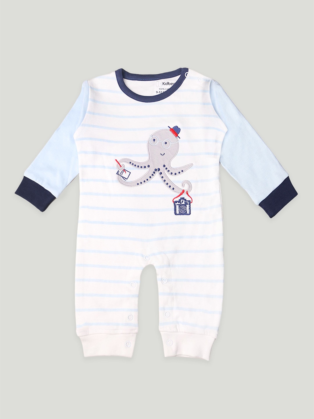 

Kidbea Infants Striped Round Neck Applique Romper, Blue