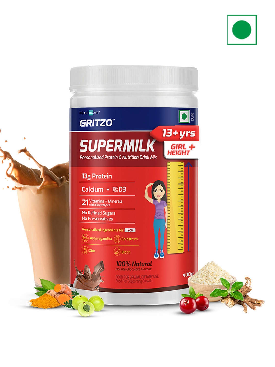 

Gritzo SuperMilk Height+ 13+y Girls-13g Protein-Double Chocolate-400g, Brown