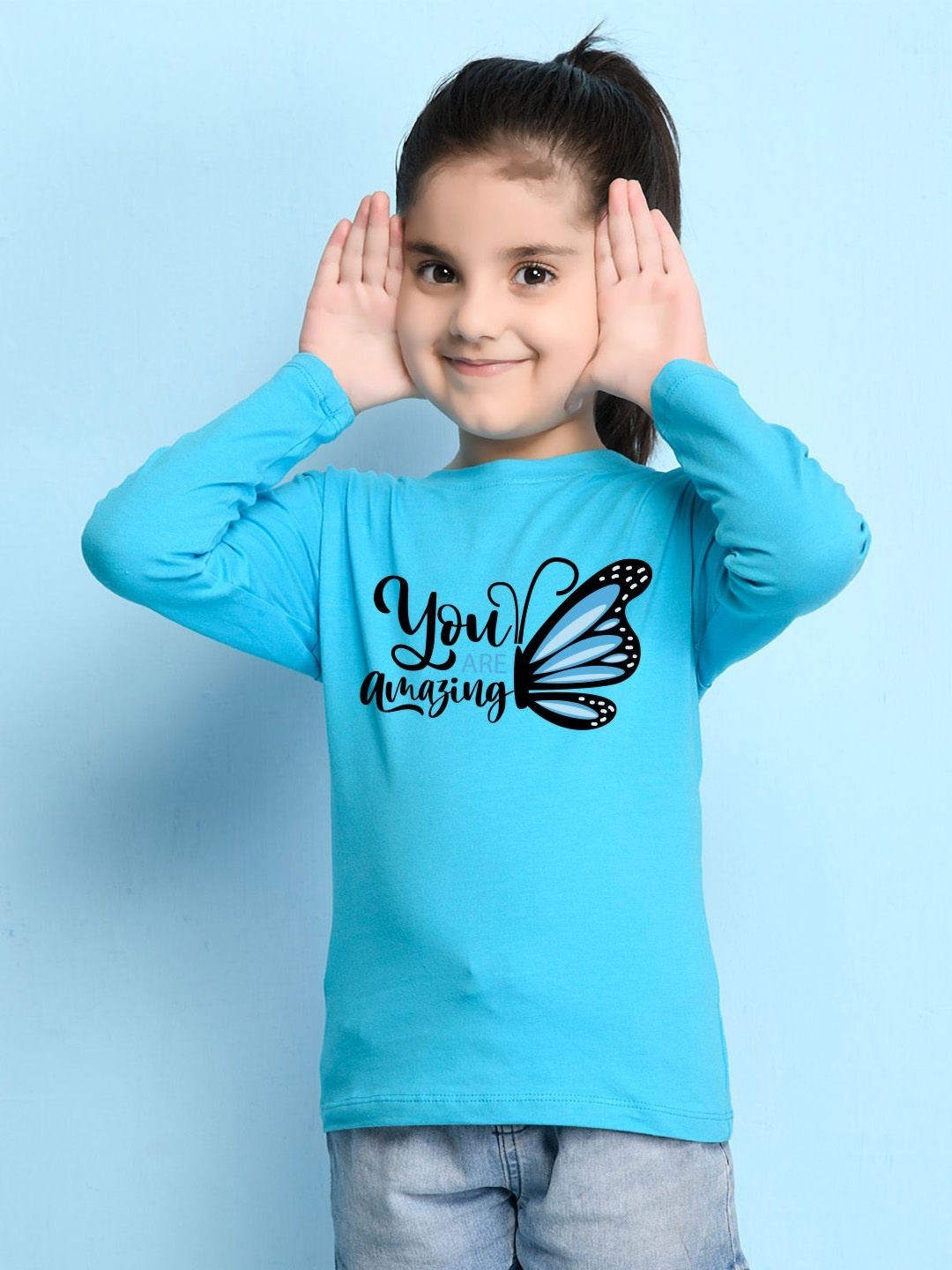 

NUSYL Girls Graphic Printed Round Neck Cotton T-shirt, Blue