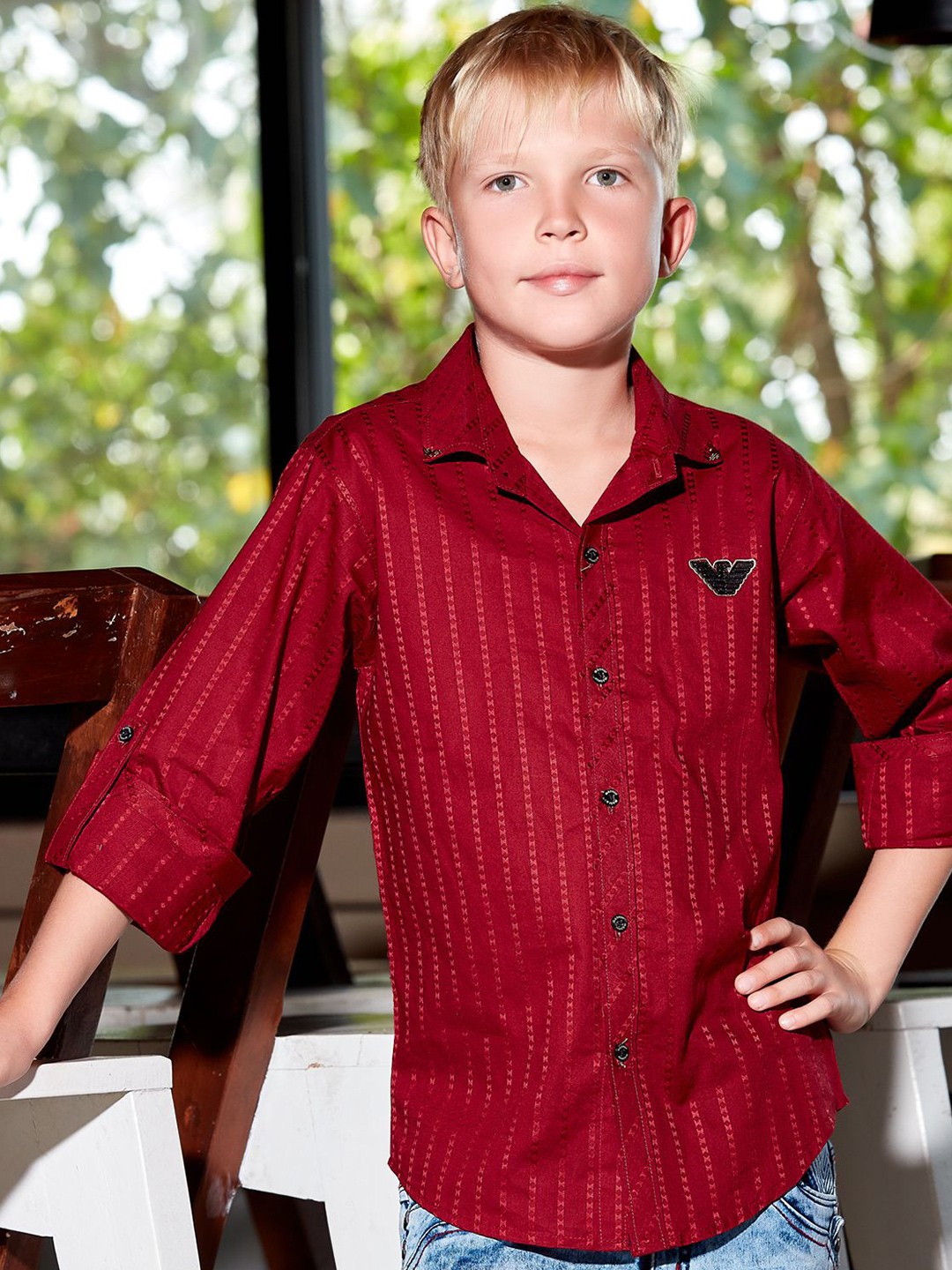 

MashUp Boys Classic Spread Collar Vertical Striped Cotton Casual Shirt, Red