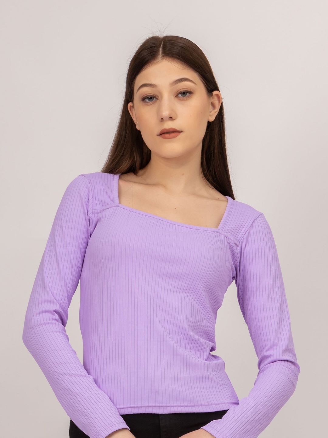 

Redamancii Women Vertical Striped Square Neck Polycotton Top, Lavender