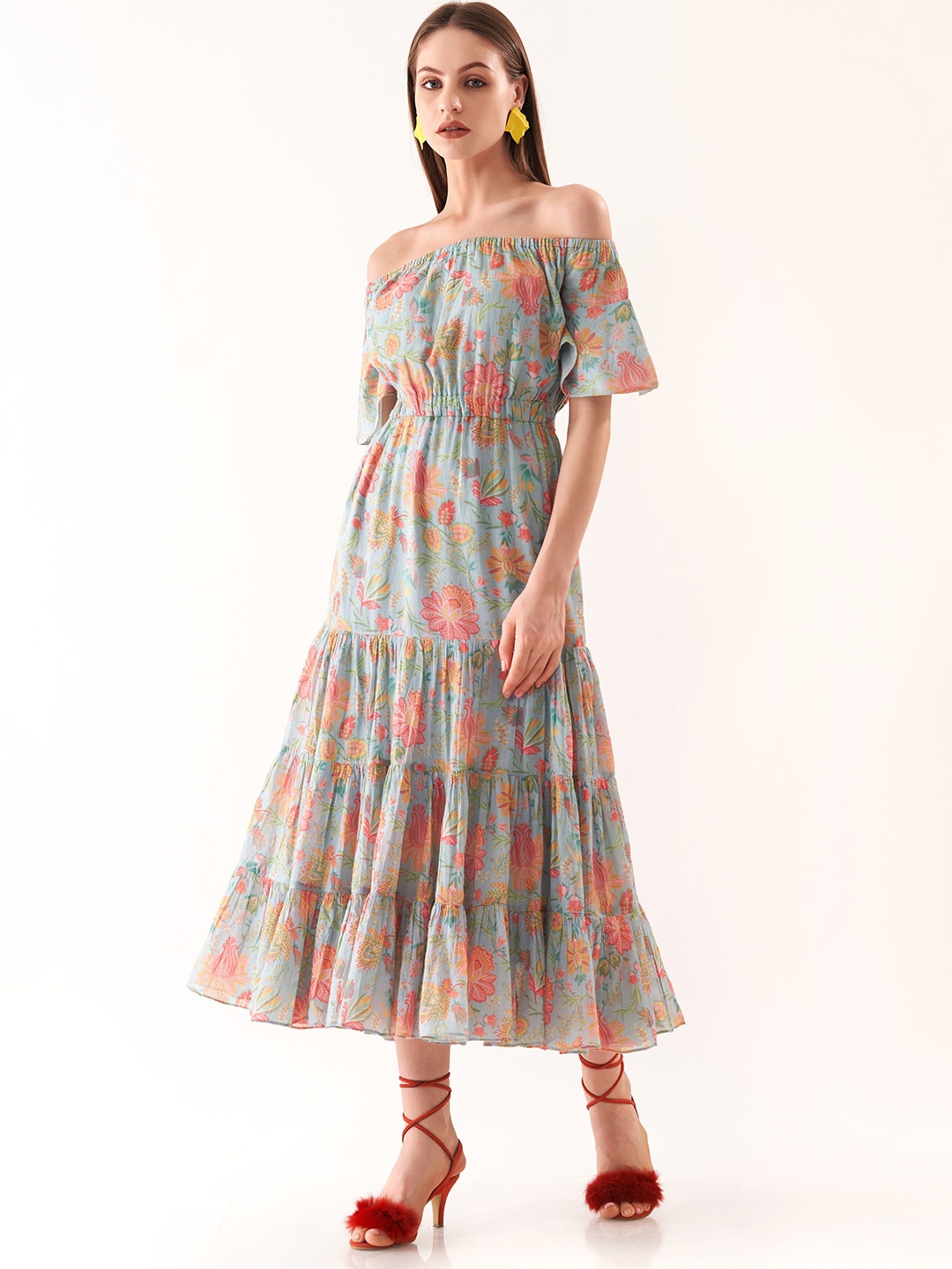 

BOONS n PERKKS Women Floral Print Off-Shoulder Fit & Flare Midi Dress, Blue