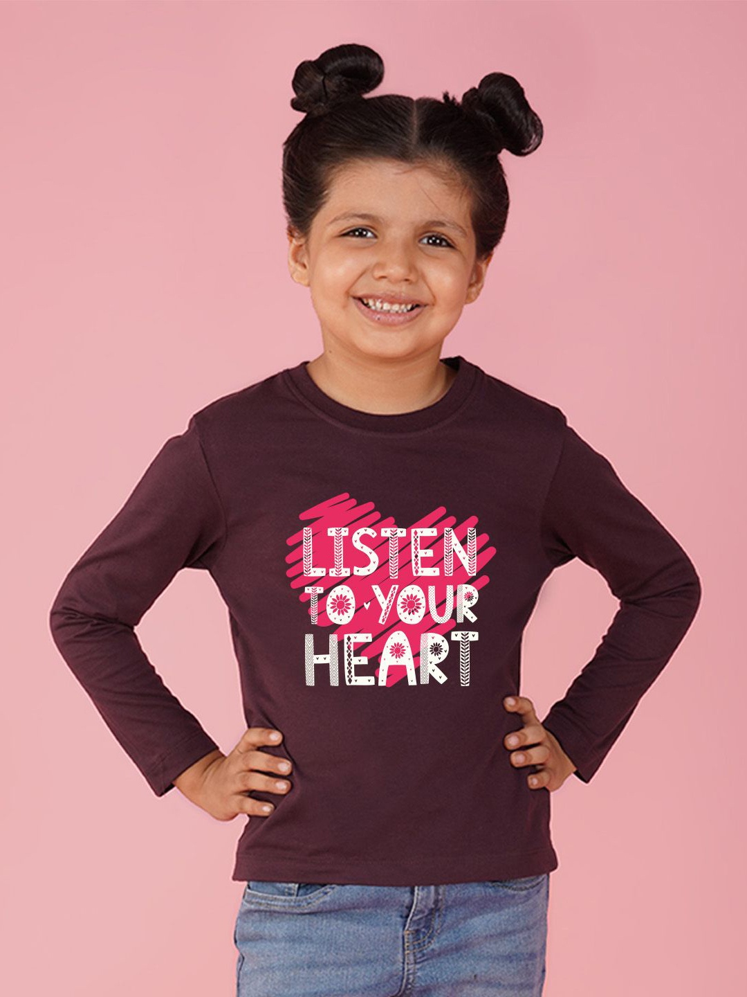 

NUSYL Girls Typography Printed Round Neck Cotton T-shirt, Maroon