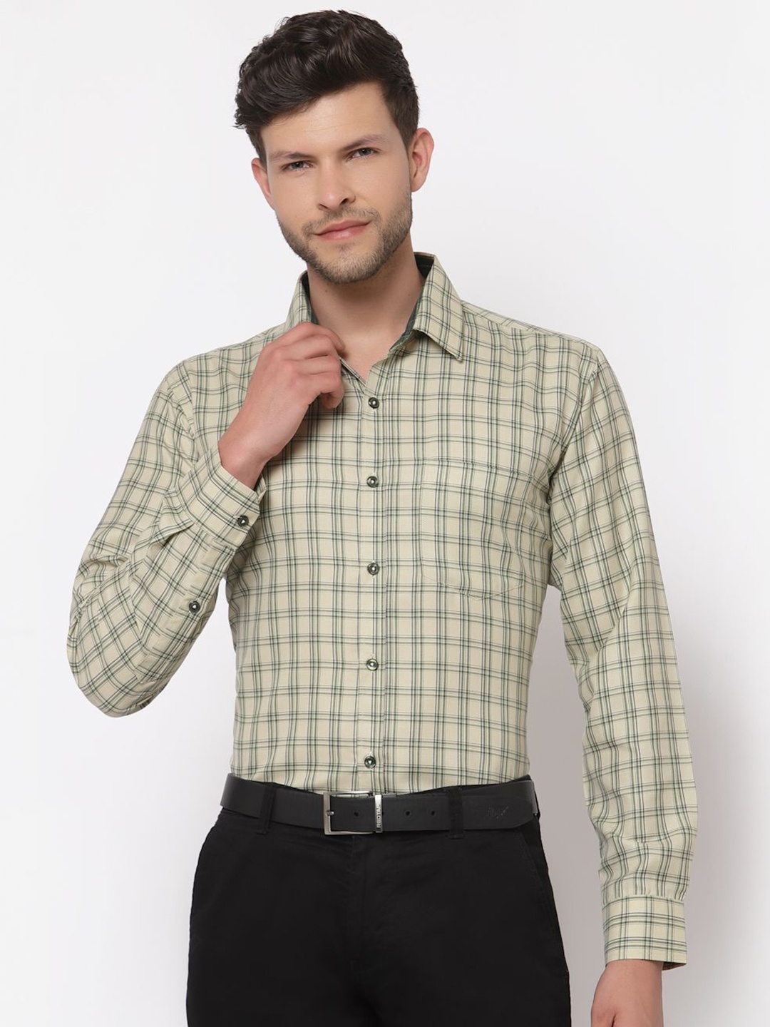 

ASCIIBLUES Men Checked Cotton Formal Shirt, Beige